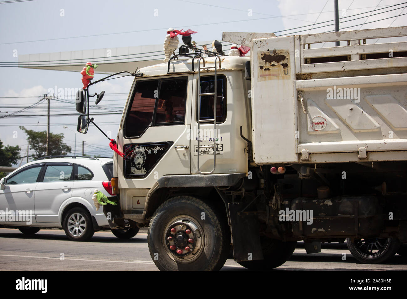 Chiangmai, Thailand -  October 10 2019:  Private Mitsubishi Fuso  Dump Truck.  Photo at road no.121 about 8 km from downtown Chiangmai, thailand. Stock Photo
