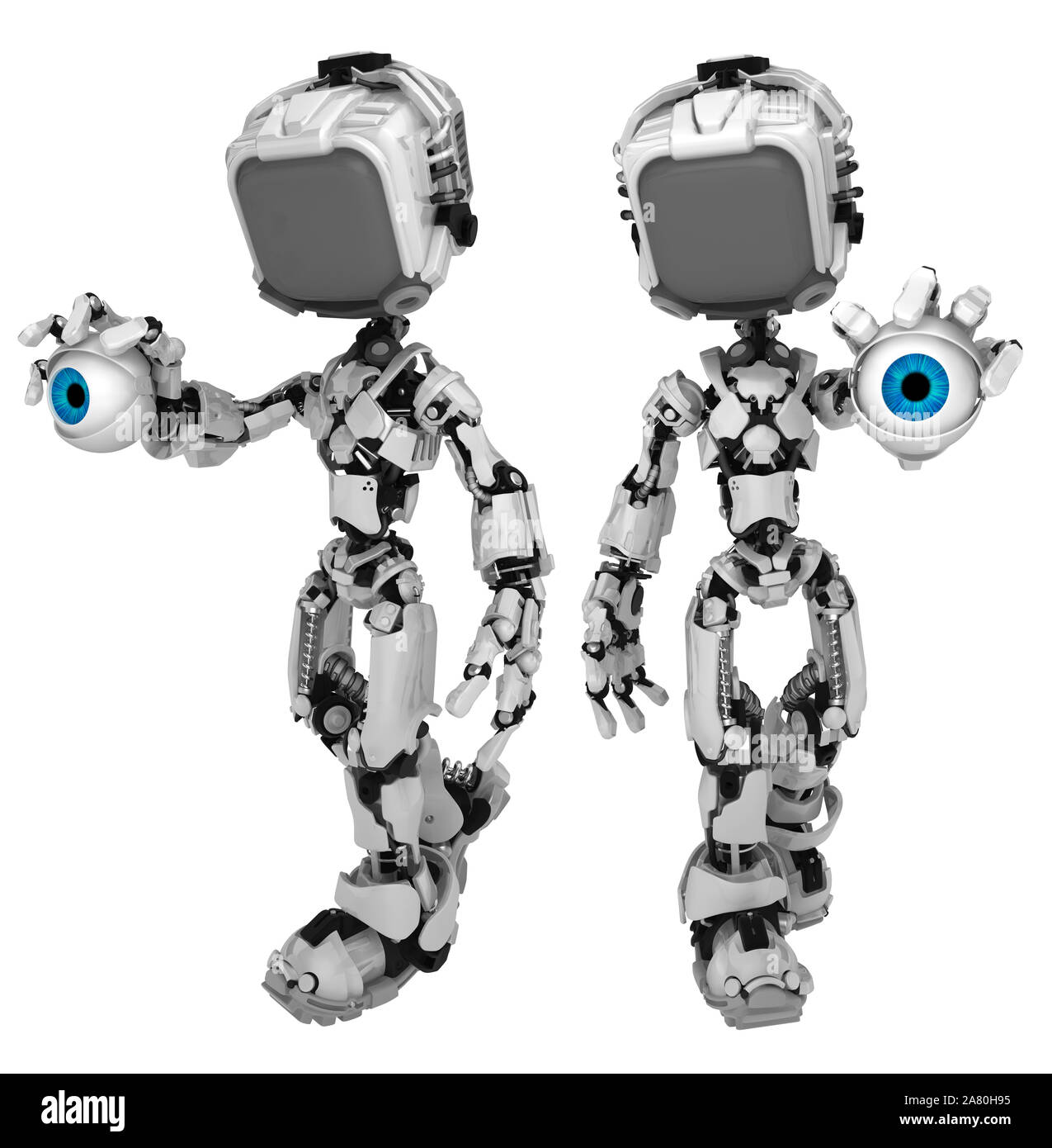 Screen robot figure character pose holding camera eye, 3d illustration