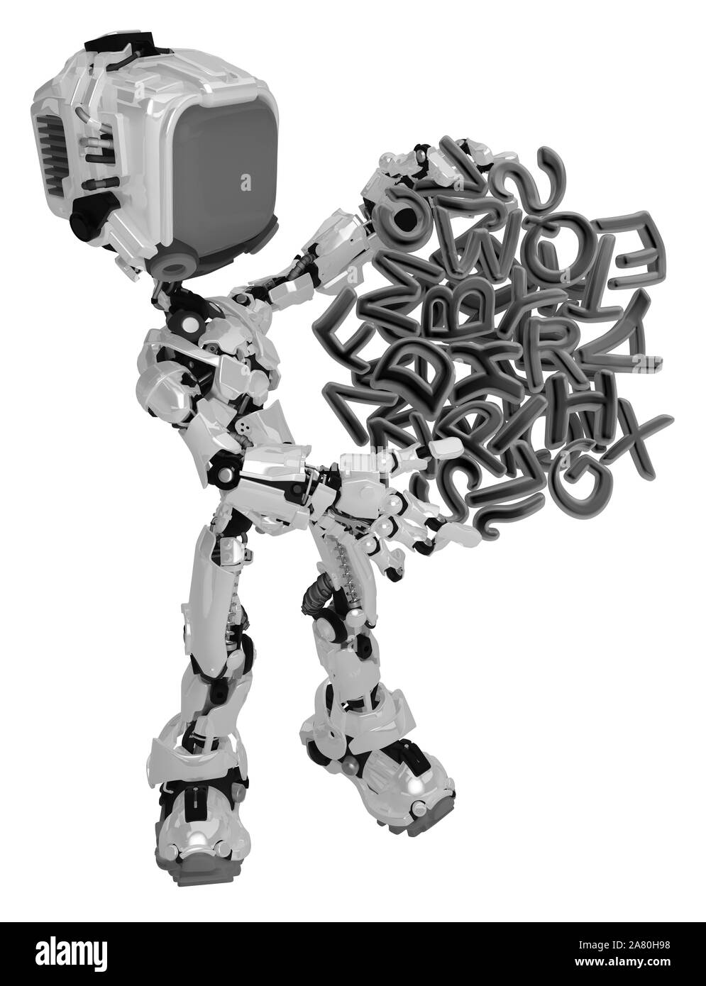 Screen robot figure character pose with text jumble, 3d illustration, horizontal, isolated Stock Photo