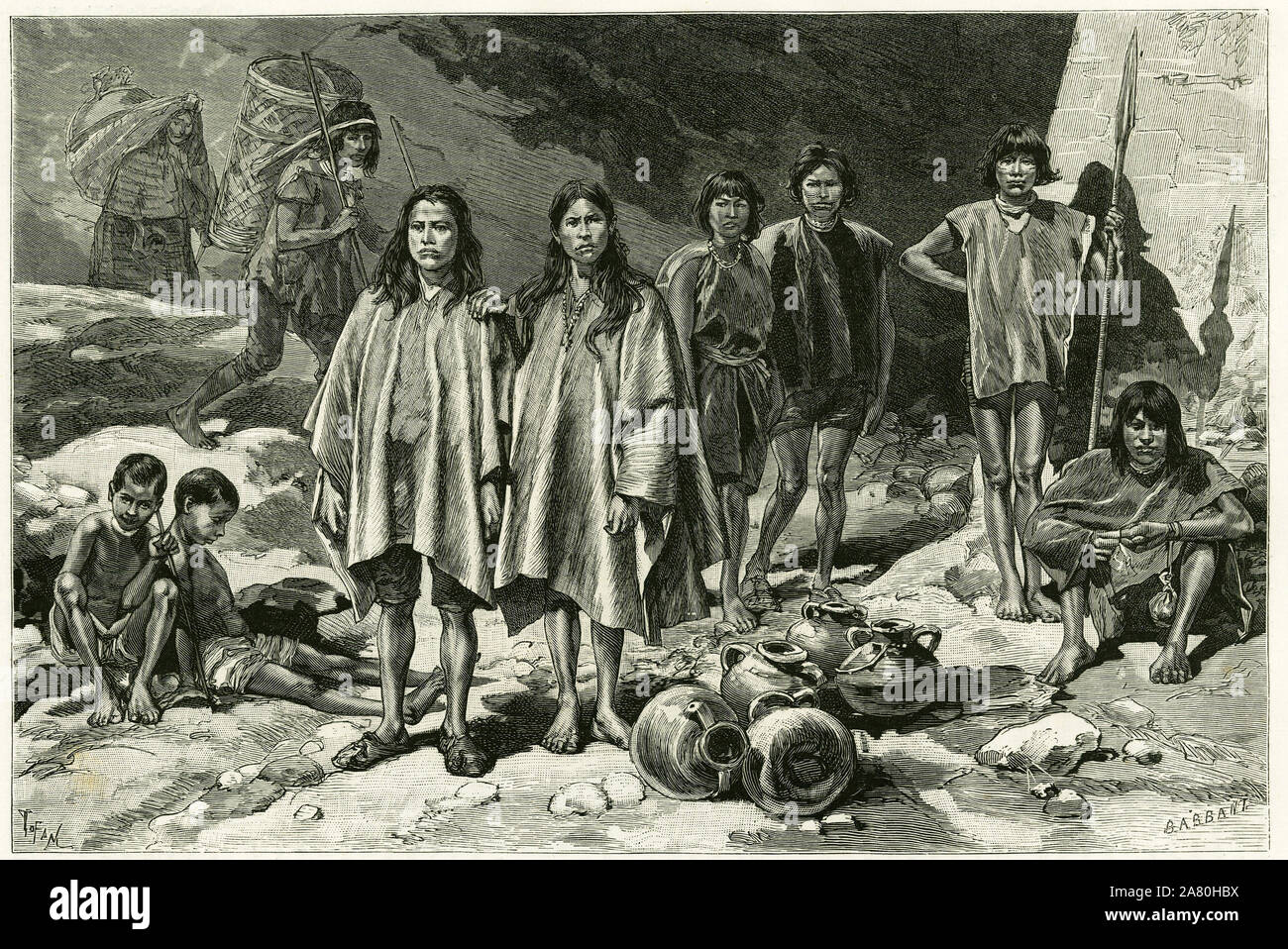 Types d'indiens des cordilleres de l'Equateur, a gauche, au fond, Yumbos de Nanegal, au premier plan Lojanos, au milieu un couple de Zaparos, a droite Stock Photo