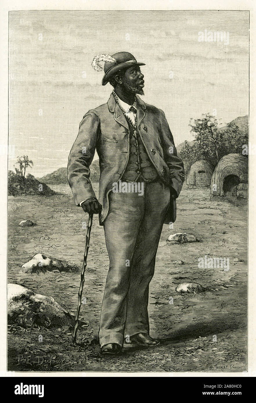 Portrait du roi Sepopo du Zambeze (actuelle Afrique du Sud), habille a l'europeenne, gravure de P. Dufour, pour illustrer le recit 'Au pays des Maruts Stock Photo
