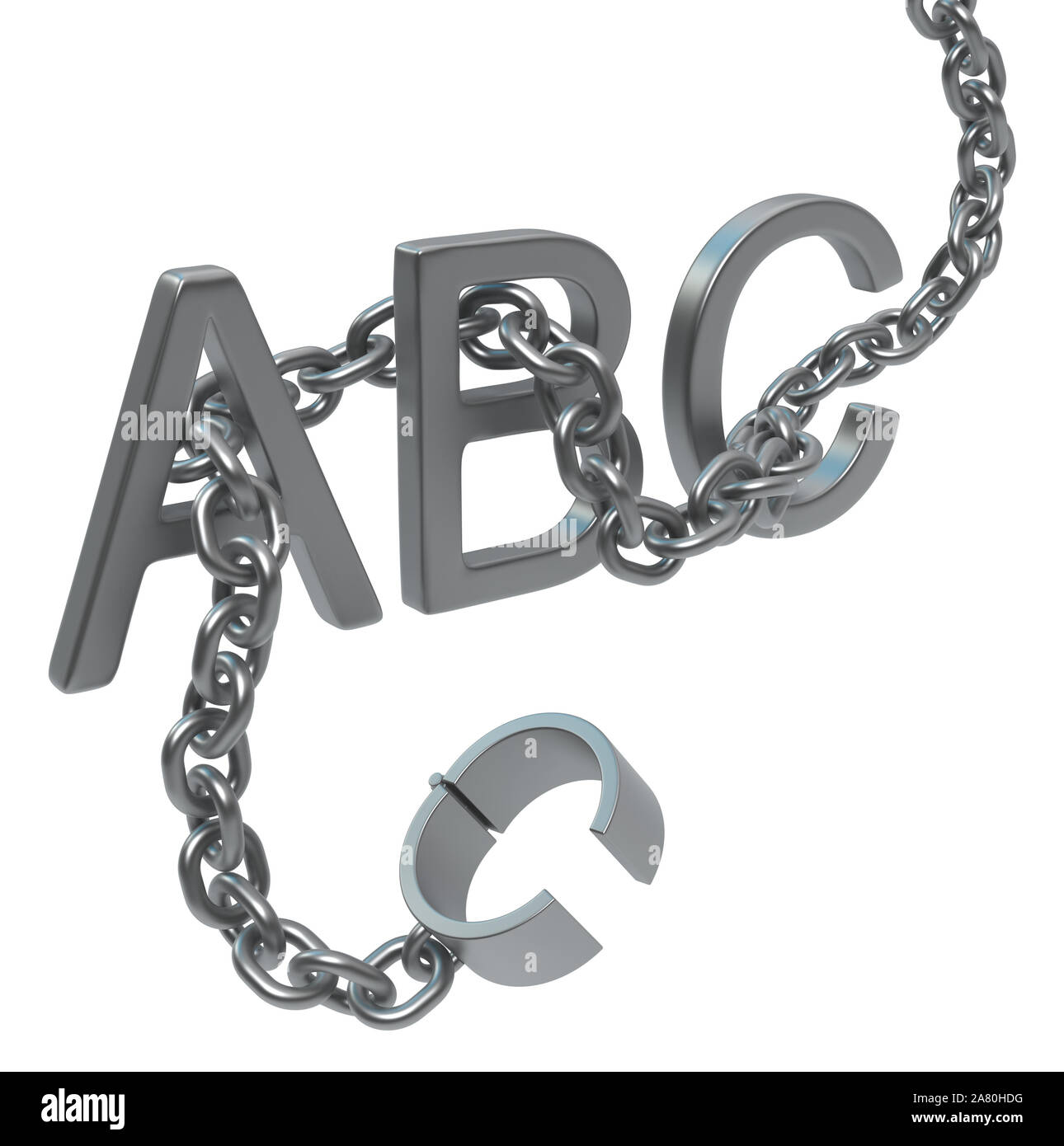 Shackles chain three alphabet letters grey metal 3d illustration