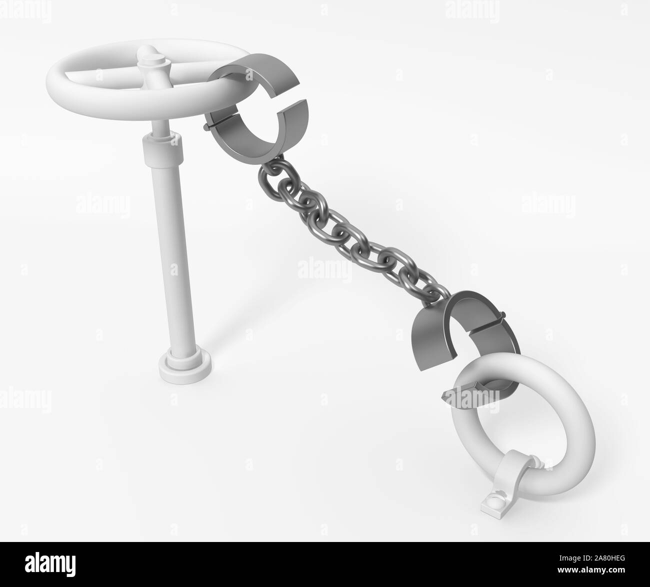 Shackles chain valve handle secured attached to white ring, 3d illustration, horizontal Stock Photo