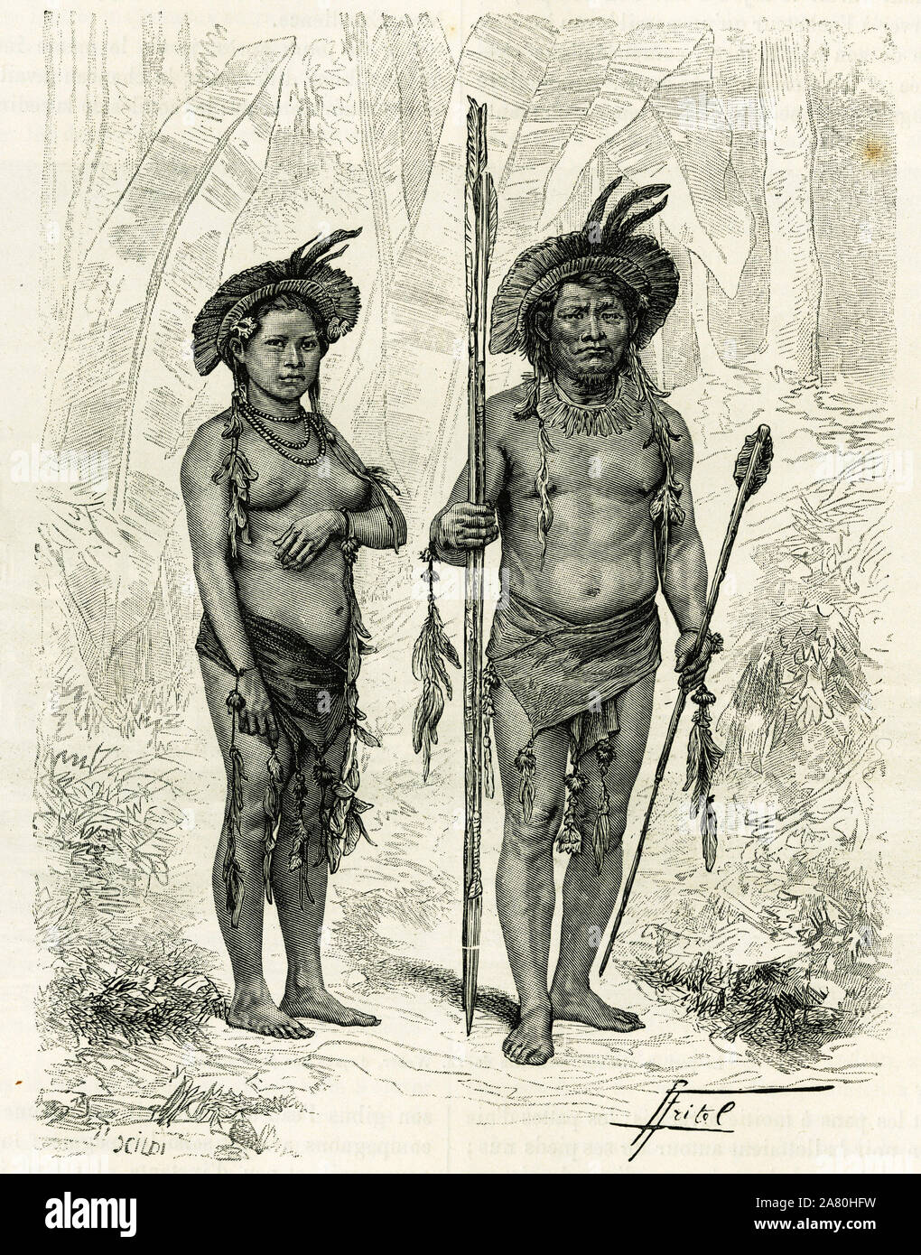 Sauvages du Rio Branco (Bresil). Gravure de P. Frital, pour illustrer le recit 'Amazone et cordilleres', 1879-1882, par Charles Wiener (1851-1919) dip Stock Photo