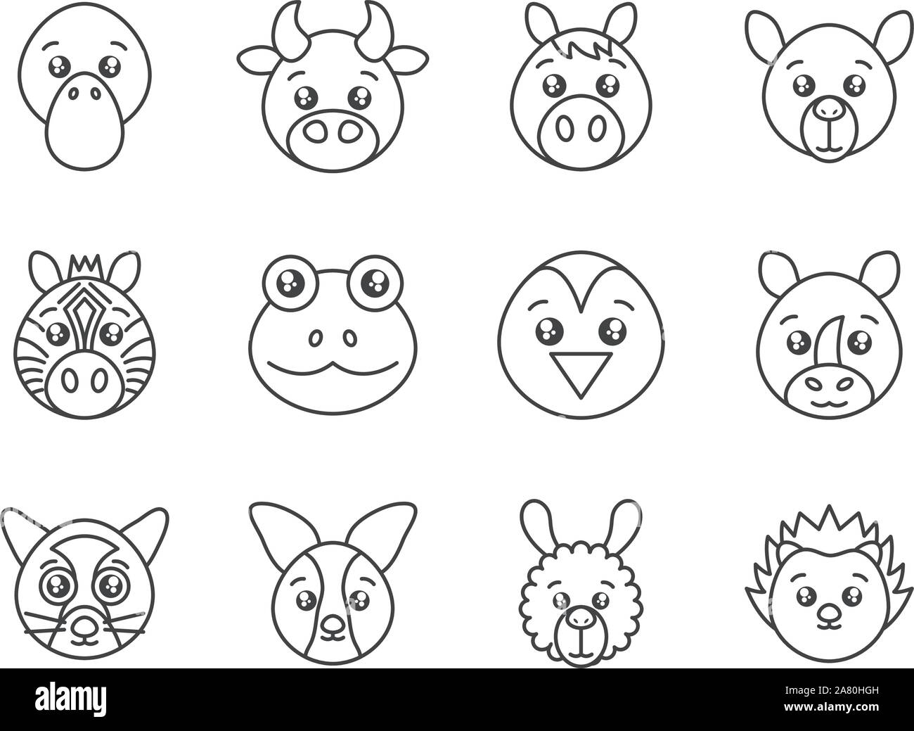 cute animals head cartoon icons set line style vector illustration ...