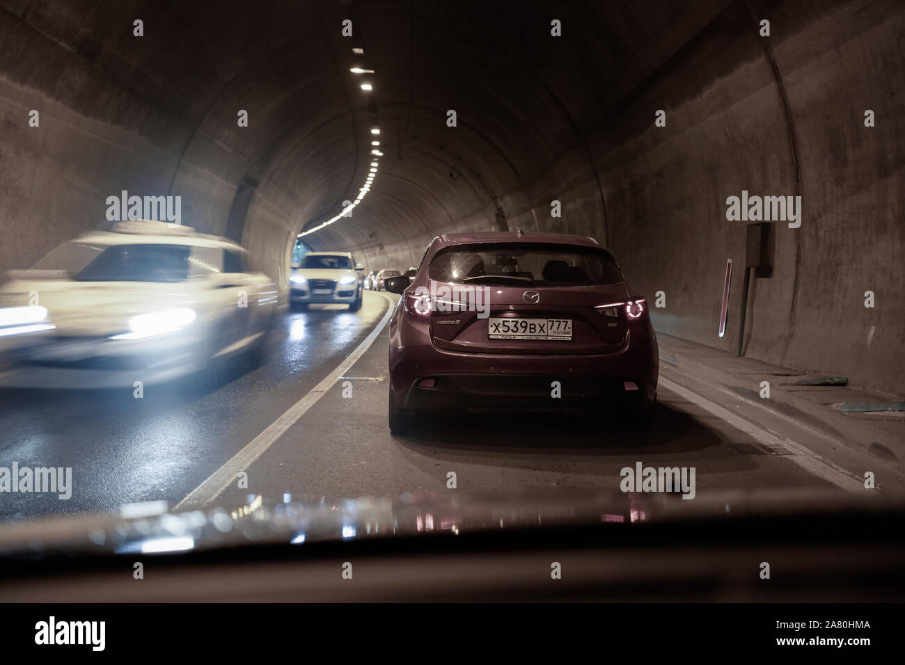 Montenegro, Sep 19, 2019: Line of cars formed in the tunnel in front of the town of Kotor Stock Photo