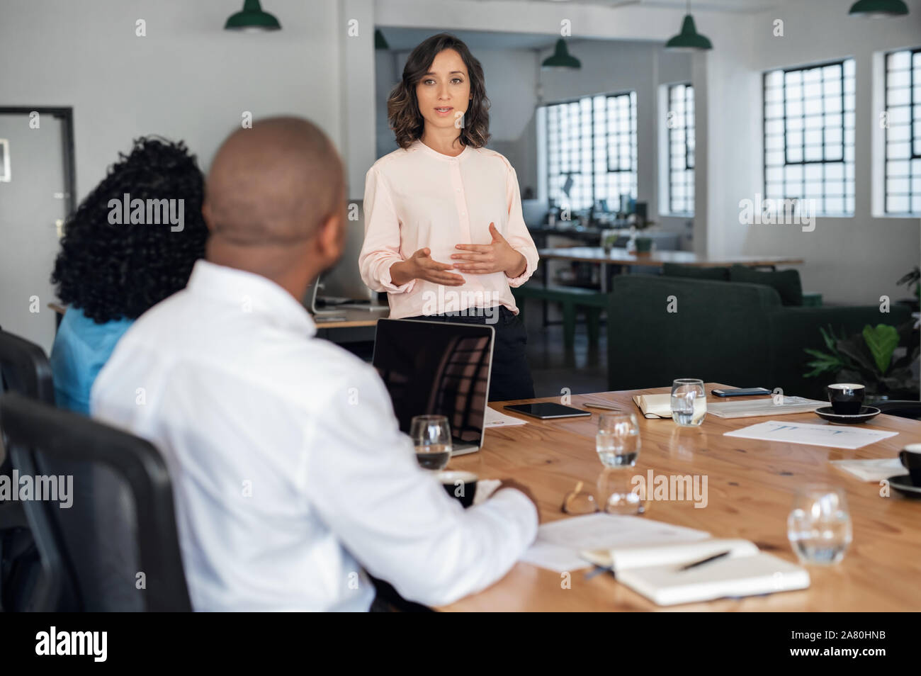 Young businesswoman talking with her diverse team in an office Stock Photo