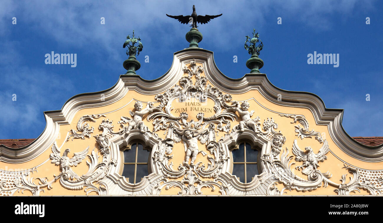 One of the decrorative upper facades of The Falcon House (Haus zum Falken) , Wurzburg, Bavaria, Germany Stock Photo