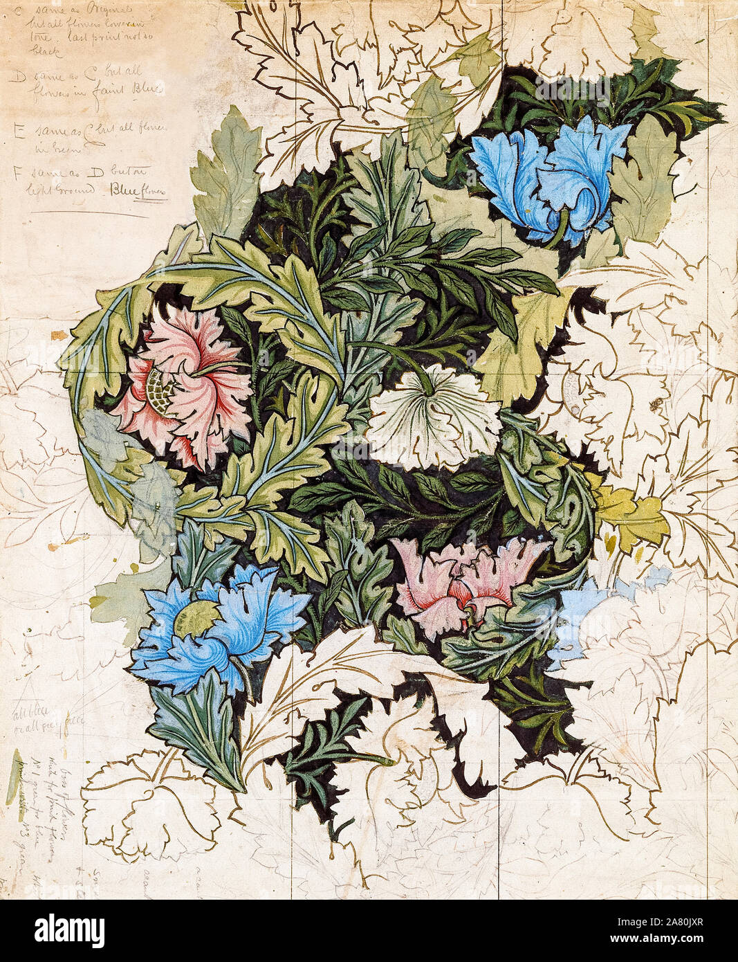 William Morris, Morris & Co, Wreath design with notes, drawing, circa 1876 Stock Photo