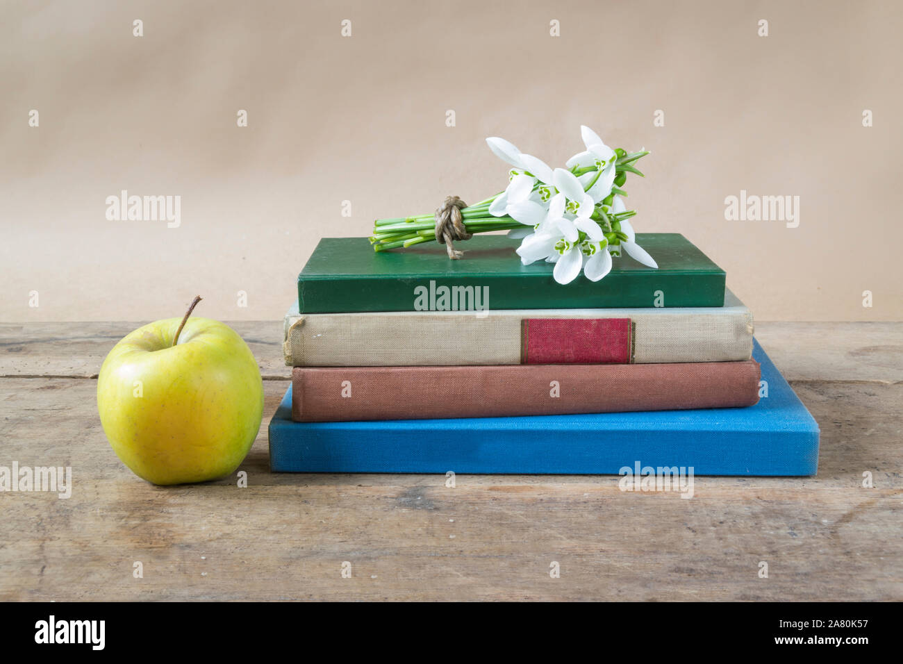 Creative book arrangement with apple and snowdrops on wooden table. Stock Photo