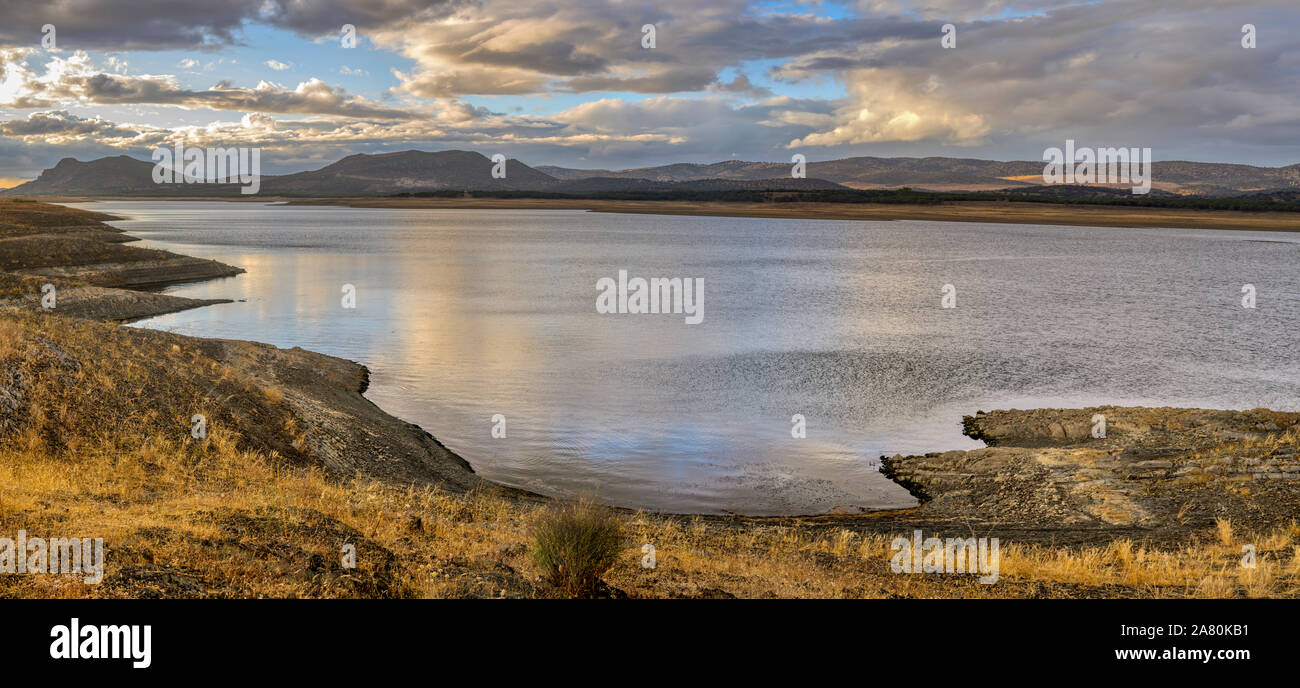 Puente Nuevo reservoir, Guadiato river, province of Cordoba, Spain. High resolution panorama. Stock Photo