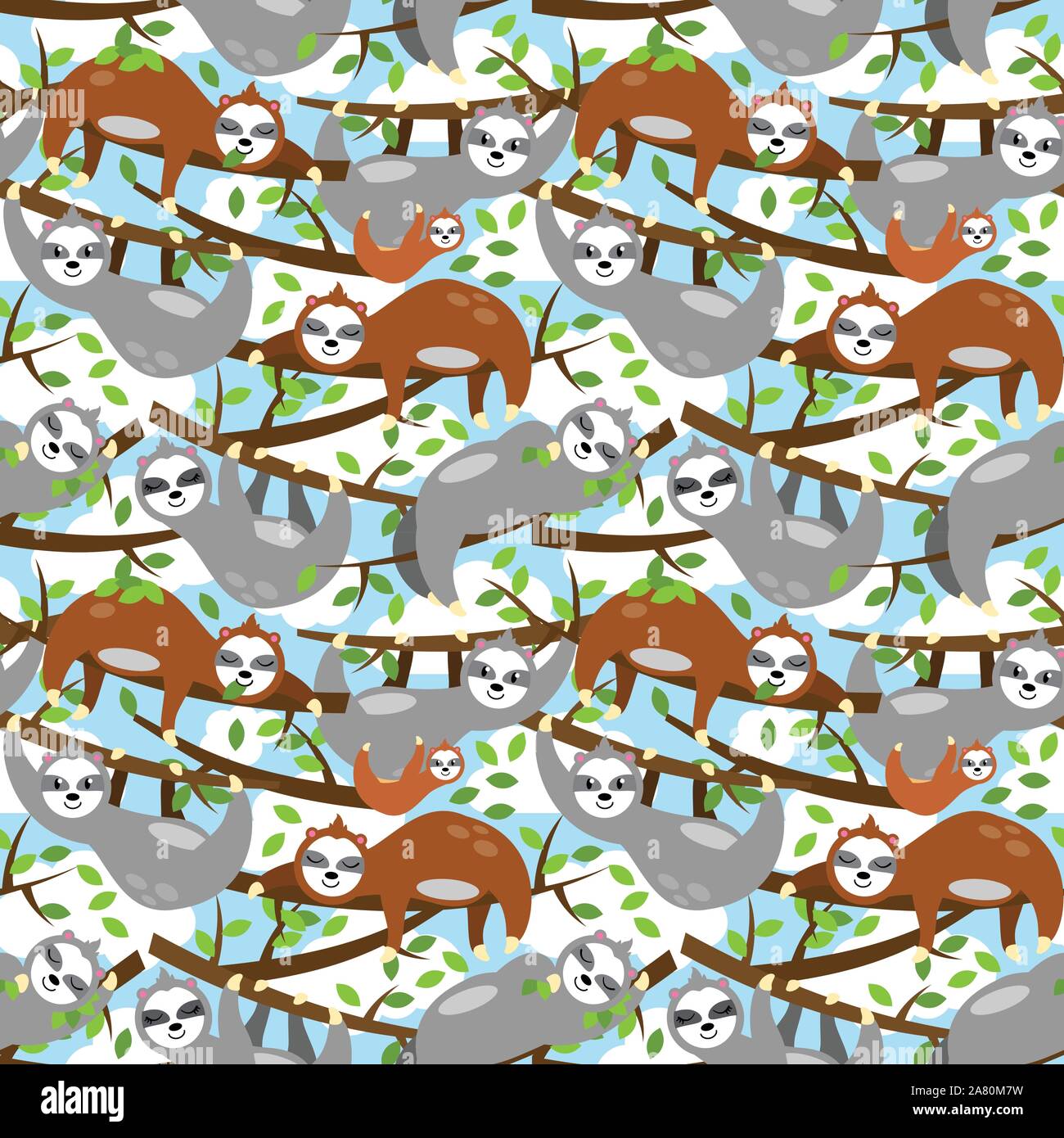 Seamless Vector Background with Sloths, Tree Branches and Leaves Stock Vector
