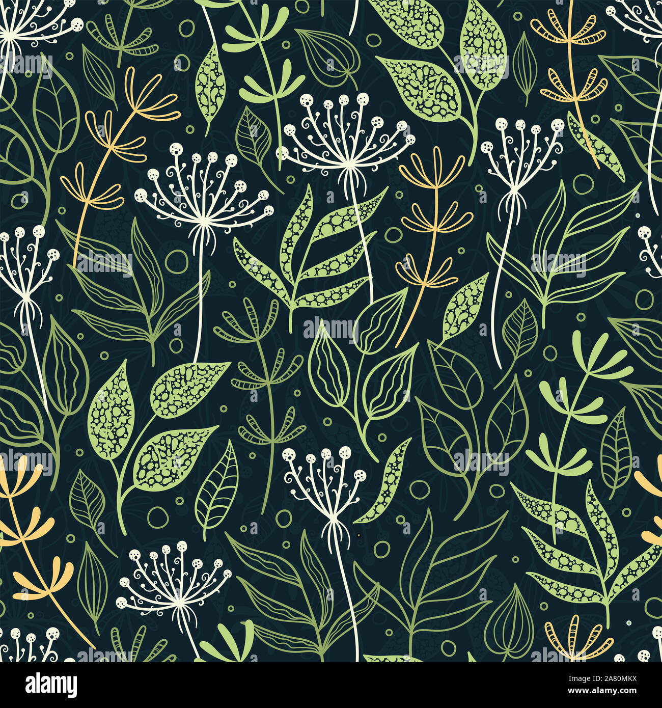Fun and cute hand drawn floral seamless pattern - branches, leaves ...