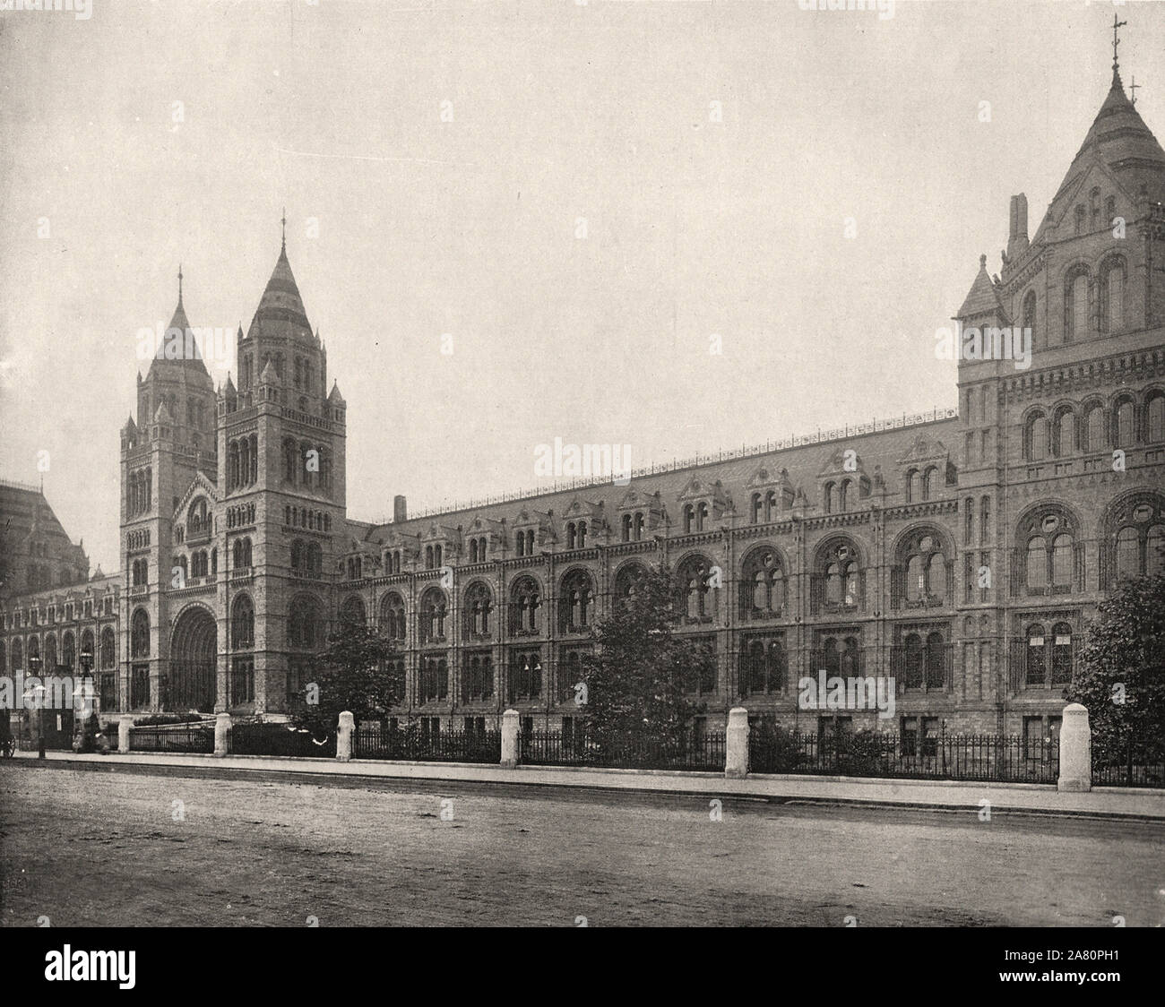 From 'The Descriptive Album of London' by George H Birch 1896 - Extracted text : ' THE NATURAL HISTORY MUSEUM.—This building is situated in South Kensington, to the South of the Imperial Institute. It was erected in 1873—80, after designs by Mr. Alfred Waterhouse, R. A. The facade is 675 feet in length. It contains the Natural History Collections of the British Museum, and comprises Geological, logical, Ornithological, Mineralogical, Mammalian, Botanical and Osteological collections of great • interest. In the Mineralogical department, in case I g, is the Colenso Diamond, the gift of Mr. Ruski Stock Photo