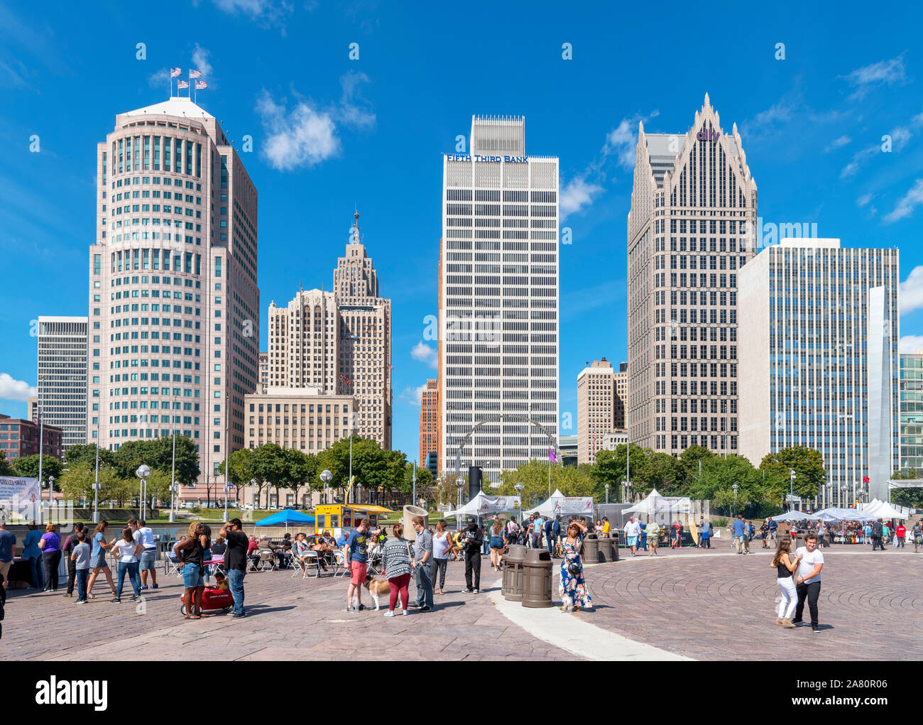 The downtown skyline from Hart Plaza, Detroit, Michigan, USA Stock Photo