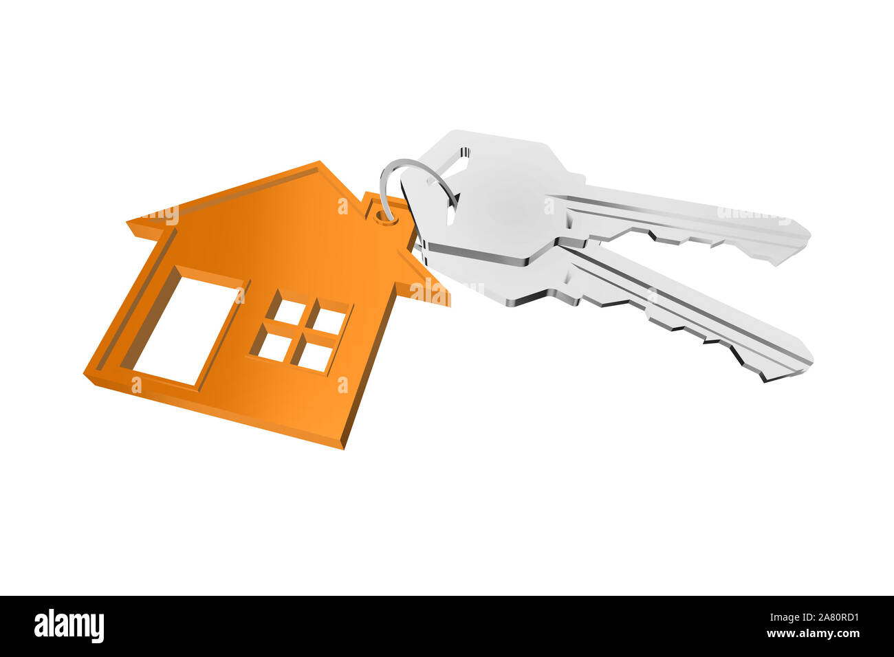 3D key ring with house hanger on white background Stock Photo