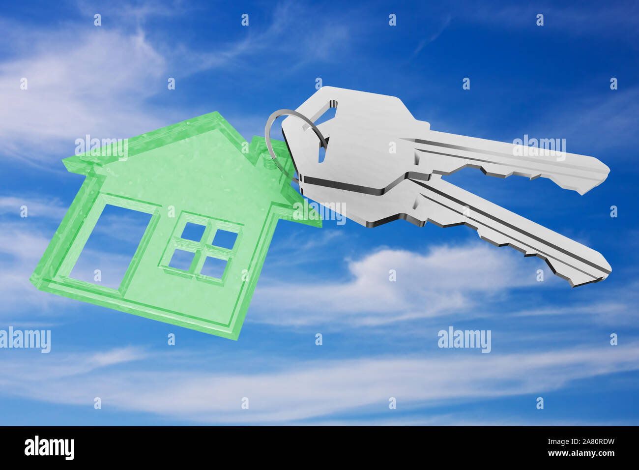 3D key ring with house pendant on sky background Stock Photo