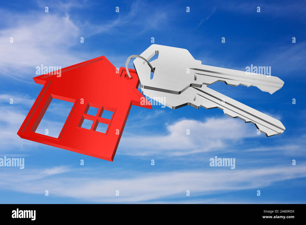3D key ring with house pendant on sky background Stock Photo