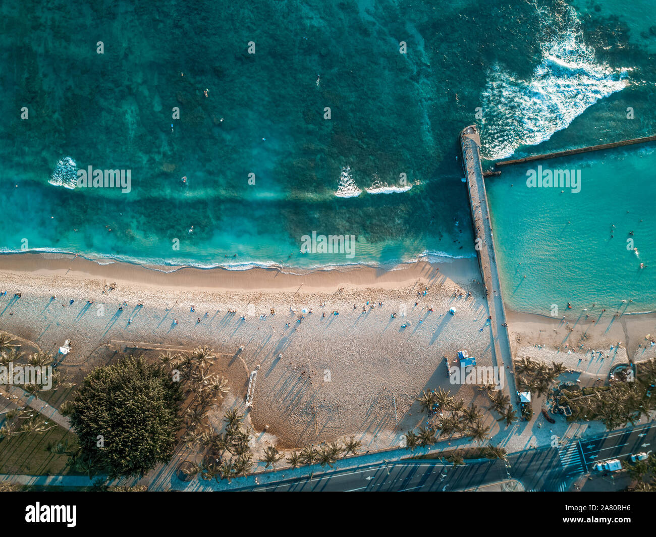 Aerial drone shot view of Waikiki beach in Honolulu in Hawaii in summer ...