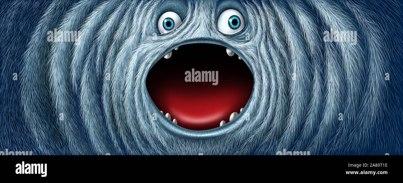 Yeti snow monster face as a fury bigfoot sasquatch or big foot abominable snowman winter creature with an open mouth as a funny character. Stock Photo