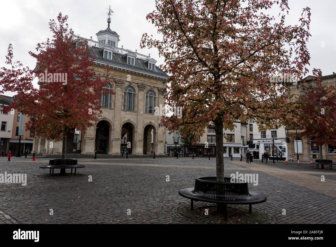 Young trees with Autumn leaves in Market Place in front of the Abingdon County Hall Museum in Abingdon-on-Thames, a historic market town in South Oxfo Stock Photo