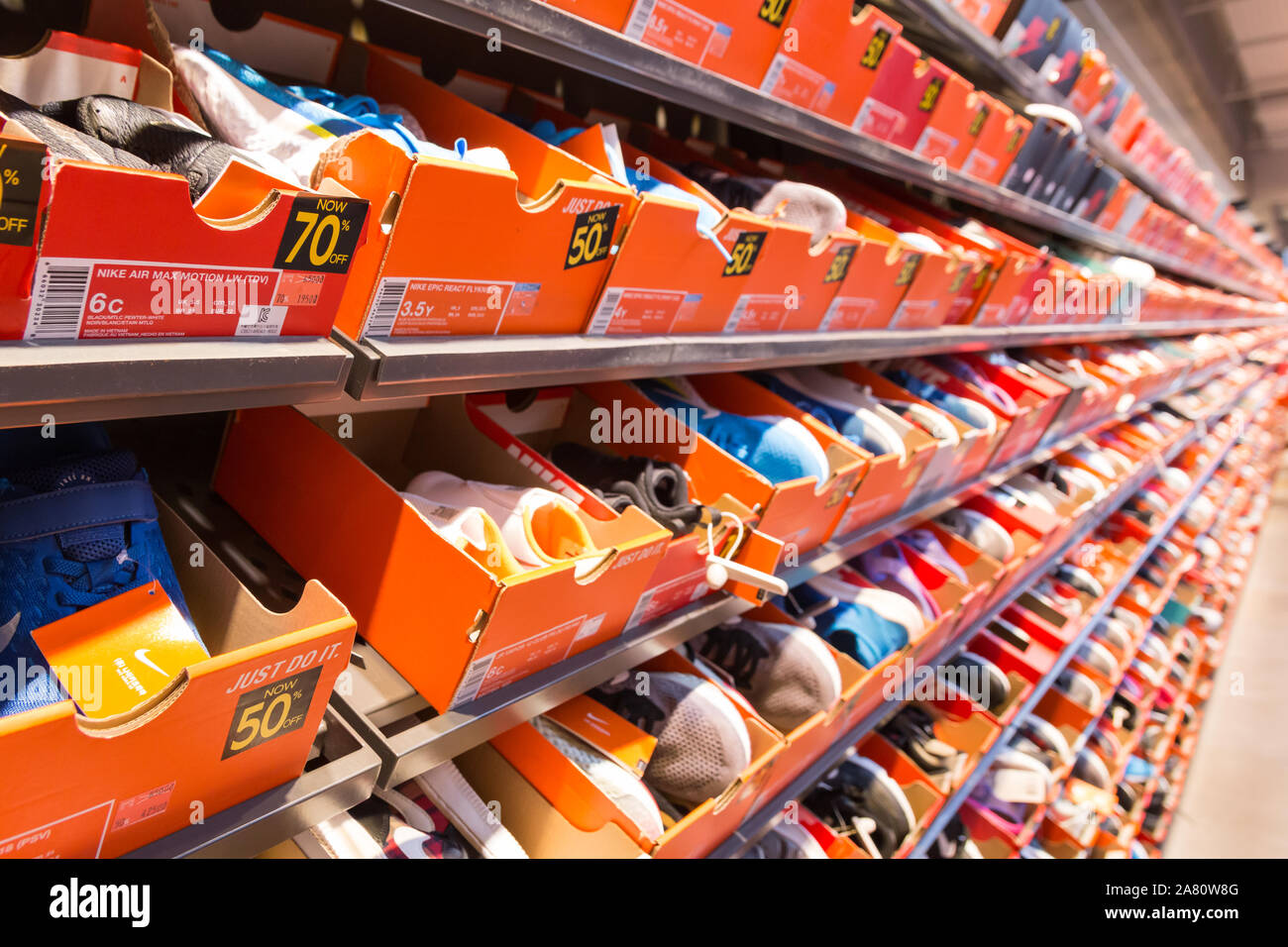 Paju, South Korea - May 2019: Background of stacked Nike shoes boxes at  Paju premium outlet in South Korea Stock Photo - Alamy