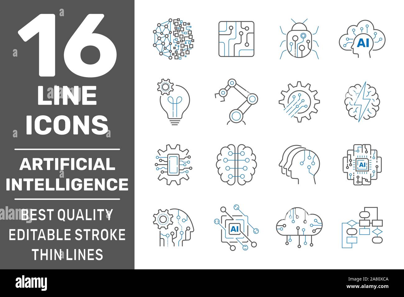 Artificial Intelligence outline icons set. AI technology, IIoT, cyberbrain and AI brain concept. Editable Stroke. EPS 10 Stock Vector