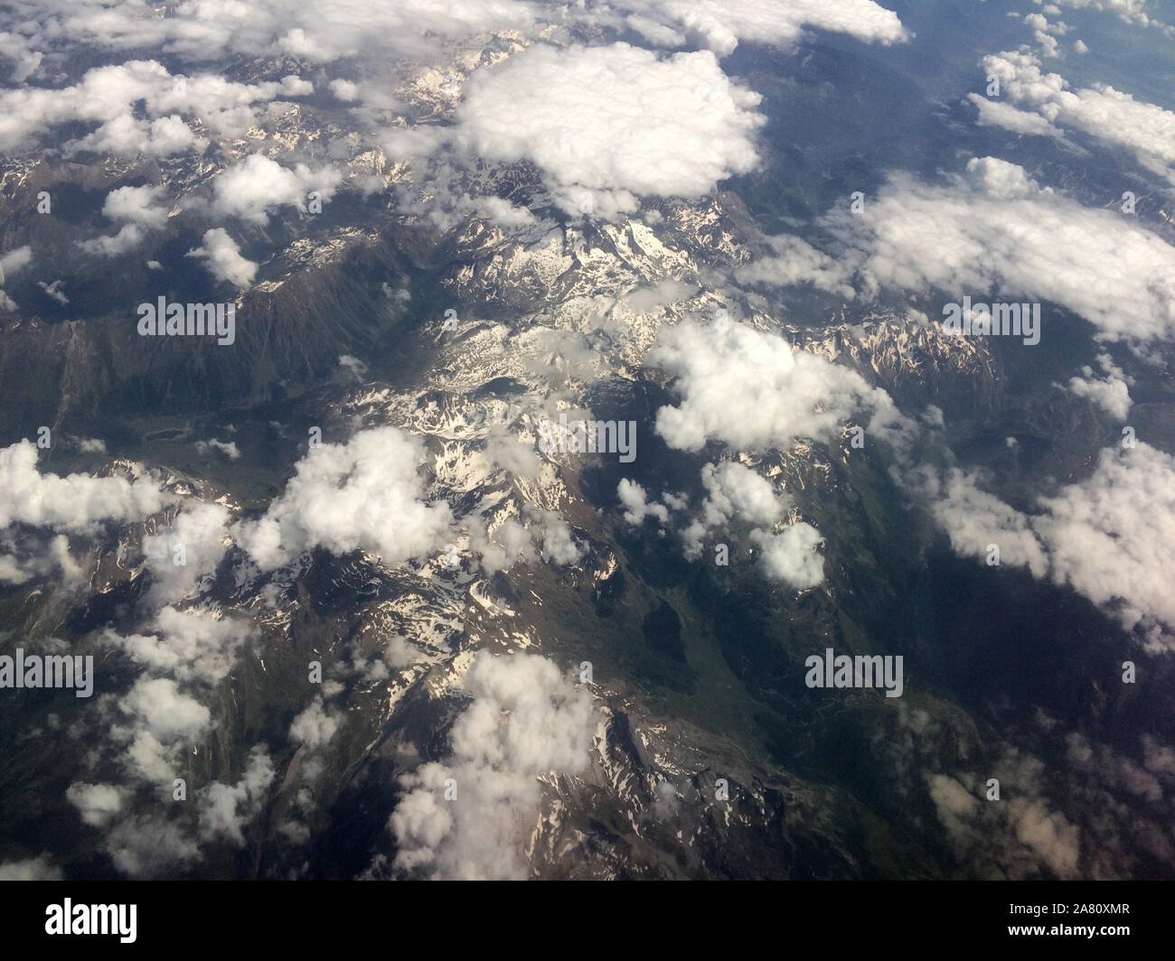 Aerial view of the Pyrenees Mountains on the border between France and Spain pictured from an aircraft. Stock Photo