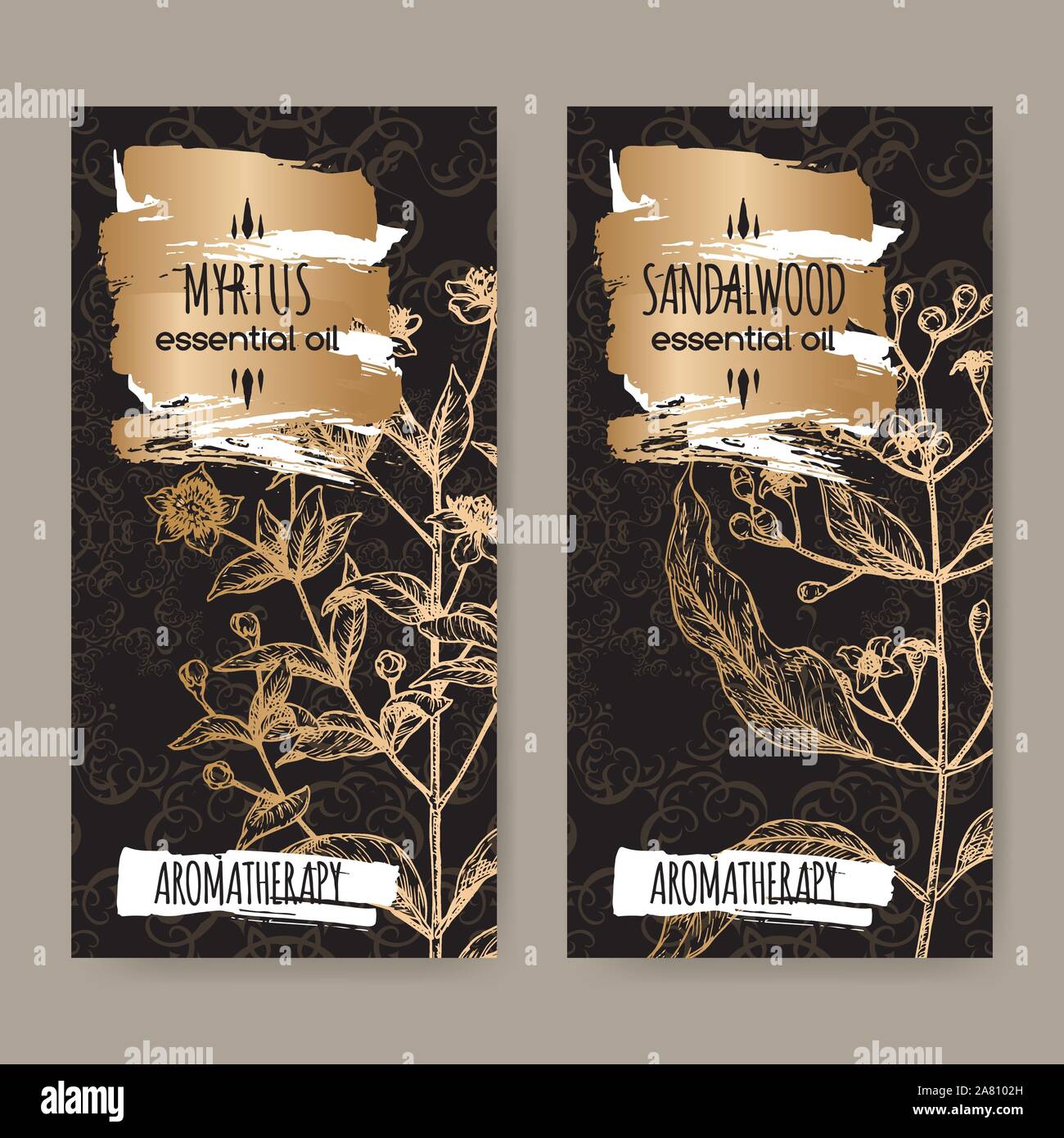 Two labels with Common myrtle aka Myrtus communis and Indian sandalwood aka Santalum album sketch on black lace background. Great for traditional medi Stock Vector
