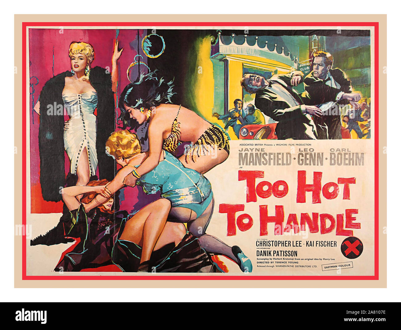 UK 1960 Movie film poster for UK British film-noir production 'Too Hot To Handle' aka 'Playgirl After Dark' (1960), the film starring American 'bombshell' Jayne Mansfield and Christopher Lee with Barbara Windsor Leo Genn Karlheinz Böhm Danik Patisson Patrick Holt  Directed by Terence Young Wigmore Productions Warner Pathé Too Hot to Handle (released in the United States as Playgirl After Dark) Produced by Selim Cattan & Phil C. Samuel Stock Photo
