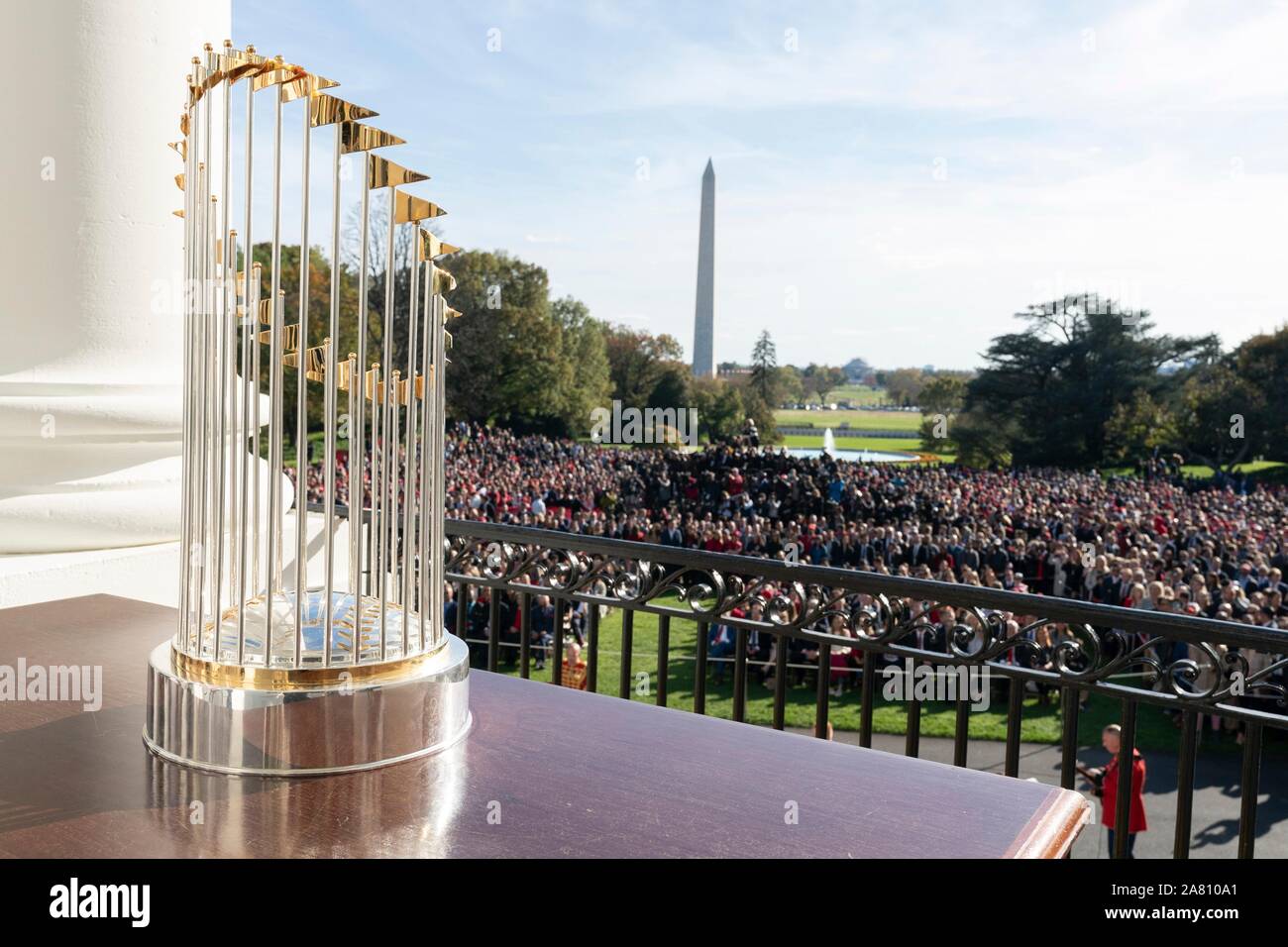 Washington, United States of America. 04 November, 2019. The 2019 Baseball World Series Champion trophy on display at the South Portico balcony of the White House November 4, 2019 in Washington, DC.  U.S. President Donald Trump hosted the Washington Nationals baseball team to honor their victory.  Credit: Shealah Craighead/White House Photo/Alamy Live News Stock Photo