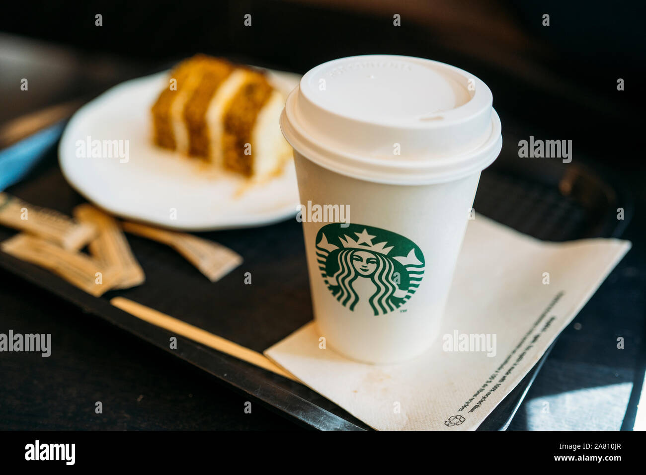 New York, USA November 5, 2019 A tall Starbucks coffee in starbucks