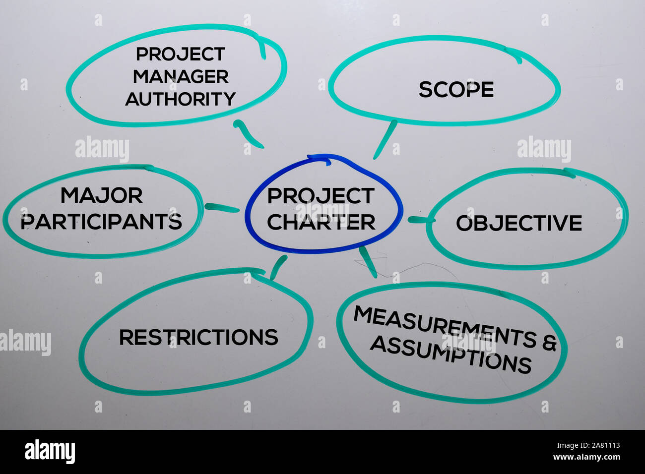 Project Charter Method text with keywords isolated on white board