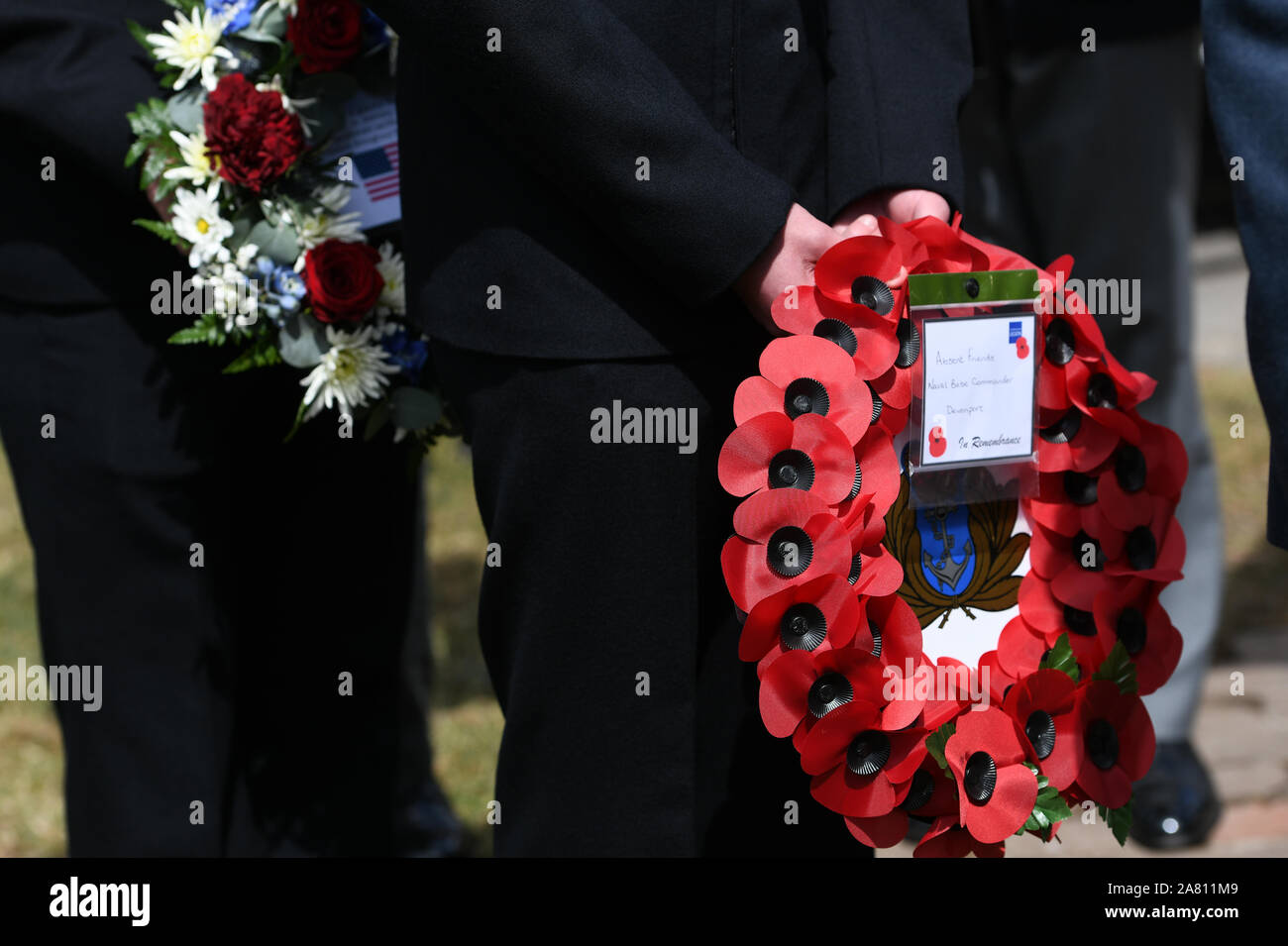 A Remembrance Service in commemoration of the 75th Anniversary of D-Day.Honouring the memory of thousands of British and Allied Servicemen who were based in the city the ceremony is held at  the American War Memorial, Saltash Passage.  Thursday 6th June 2019. Stock Photo