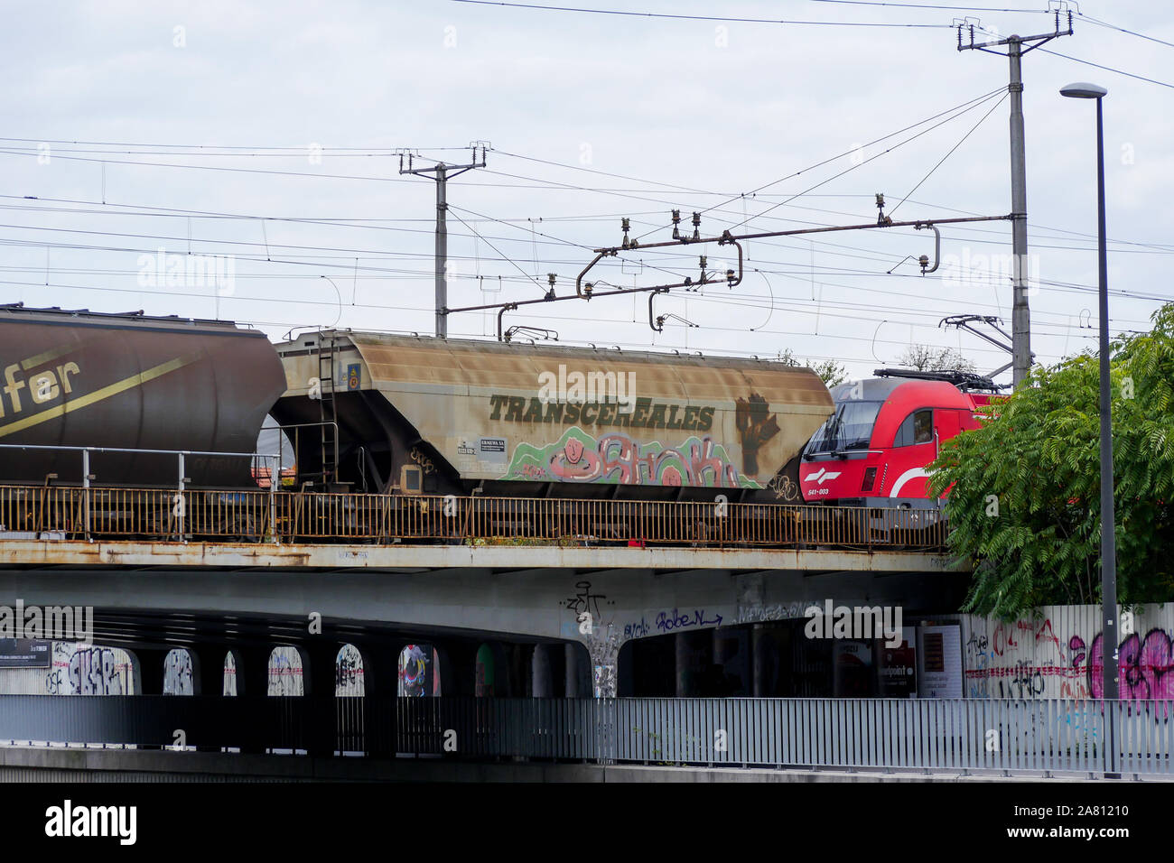 Train running on a track, Ljubljana railway station, Ljubljana ...