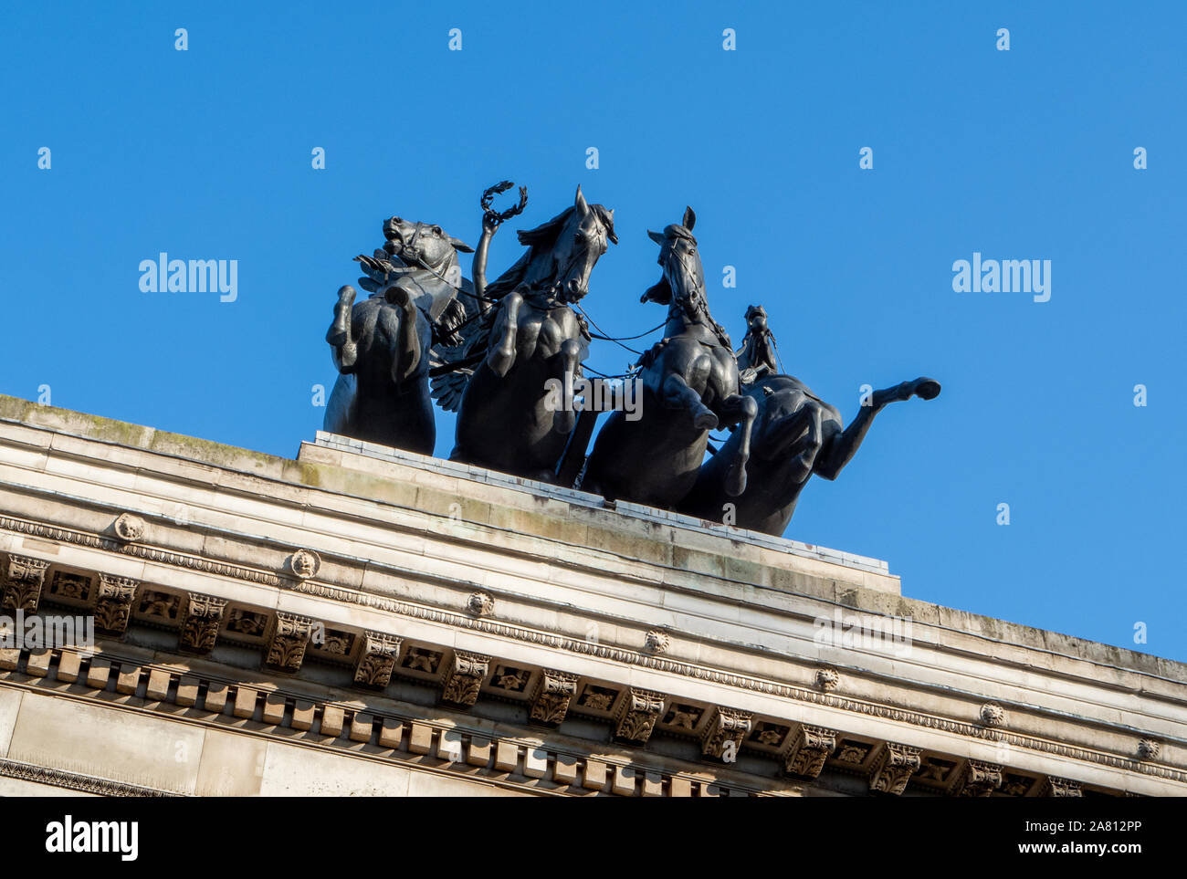 Looking up at the four horses of the quadriga bronze sculpture on the