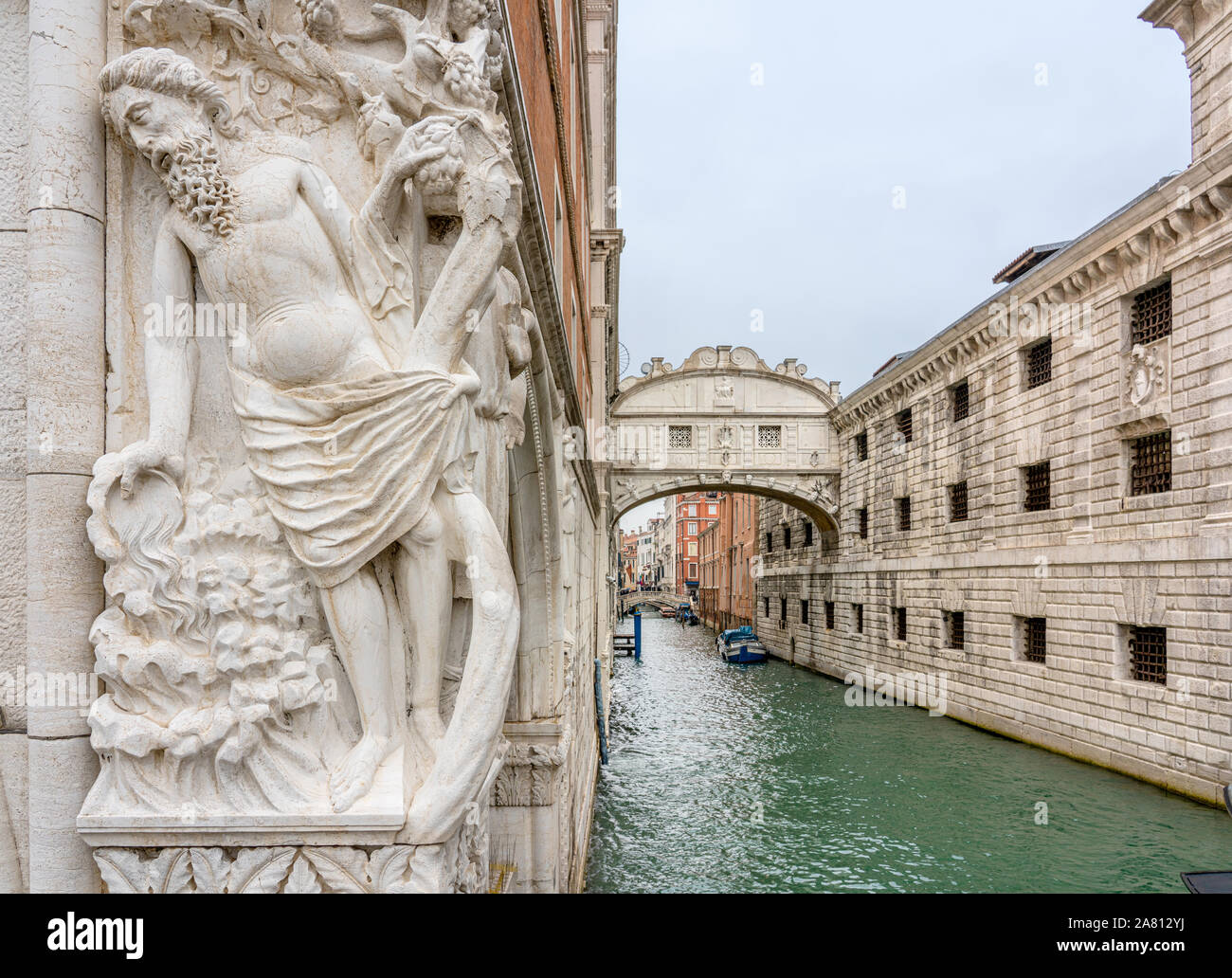 The Ponte del Sospiri or Bridge of Sighs and a corner of the Doge's palace from the Ponte della Paglia in Venice Italy Stock Photo