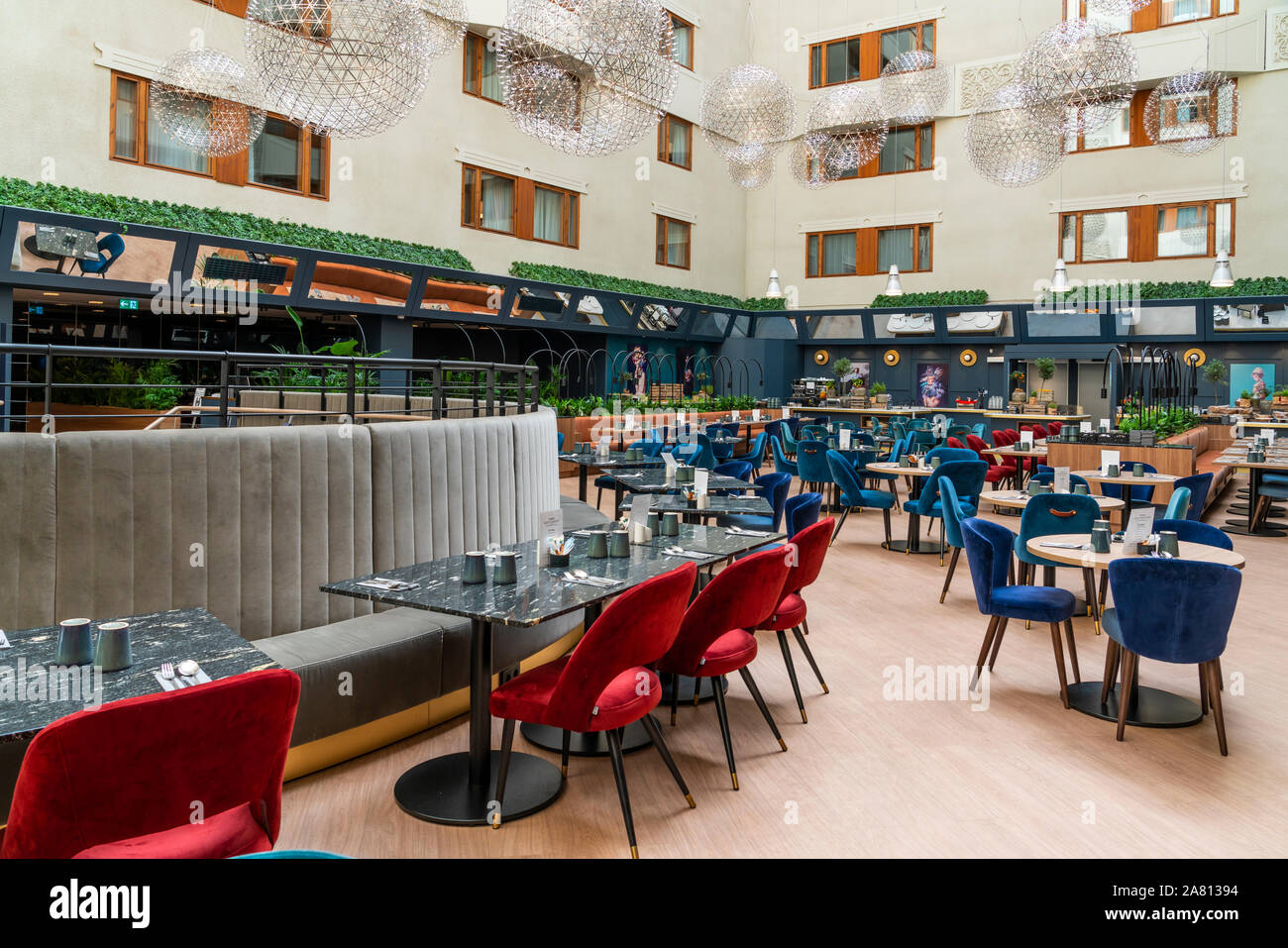 The restaurant of the Radisson Blu Hotel in Stockholm, Sweden. Stock Photo