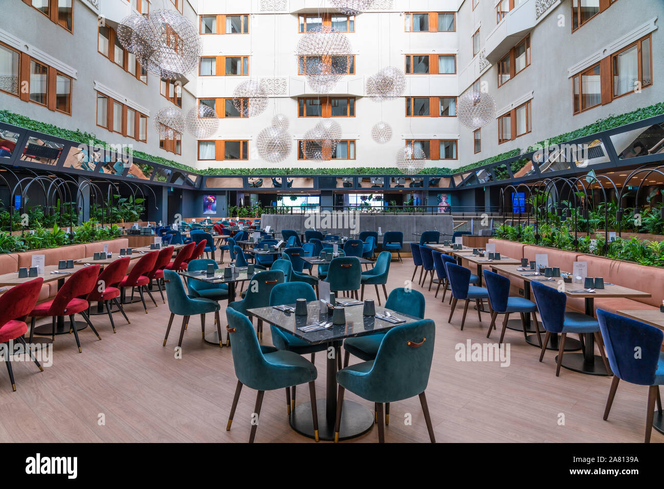 The restaurant of the Radisson Blu Hotel in Stockholm, Sweden. Stock Photo