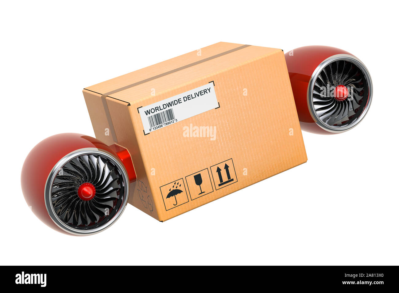 Parcel with jet engines. Fast delivery concept, 3D rendering isolated ...