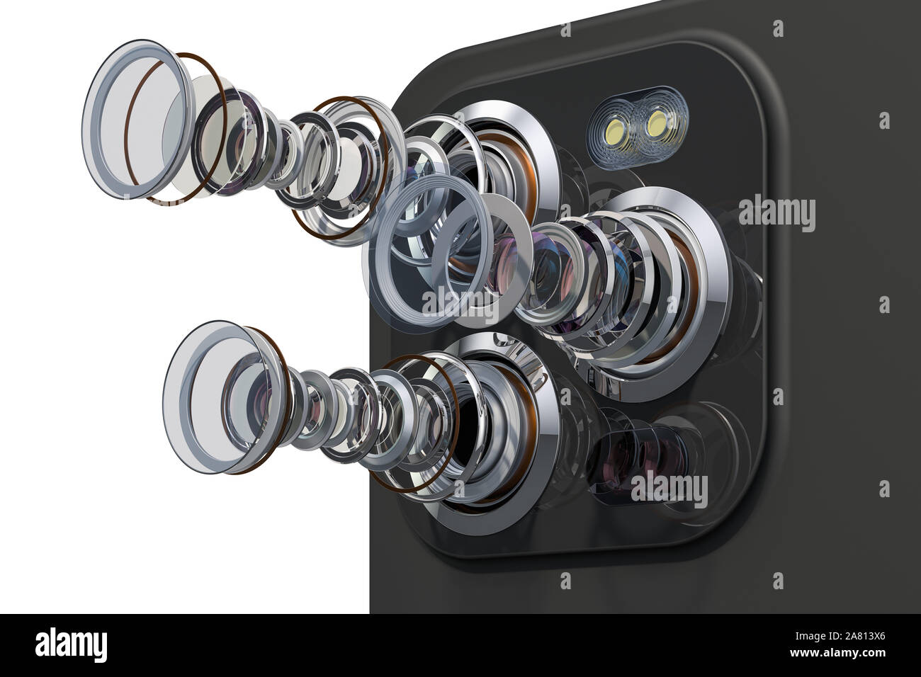 Multicamera smartphone. Disassembled smartphone cameras, modern lens of smartphone cameras