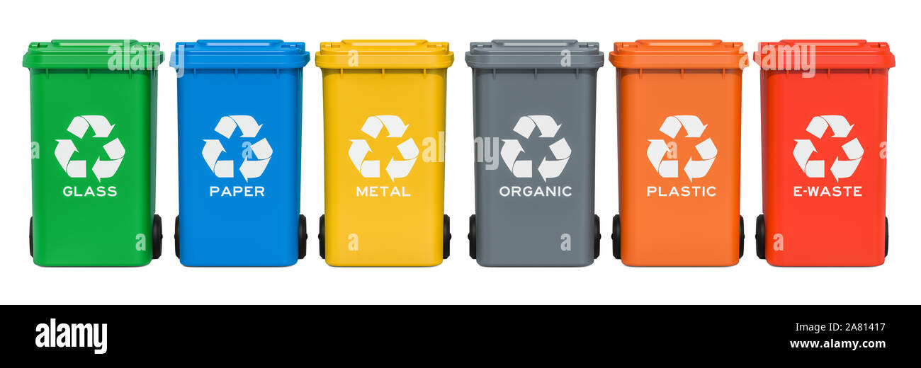 Set of recycling trash cans, 3D rendering isolated on white background ...