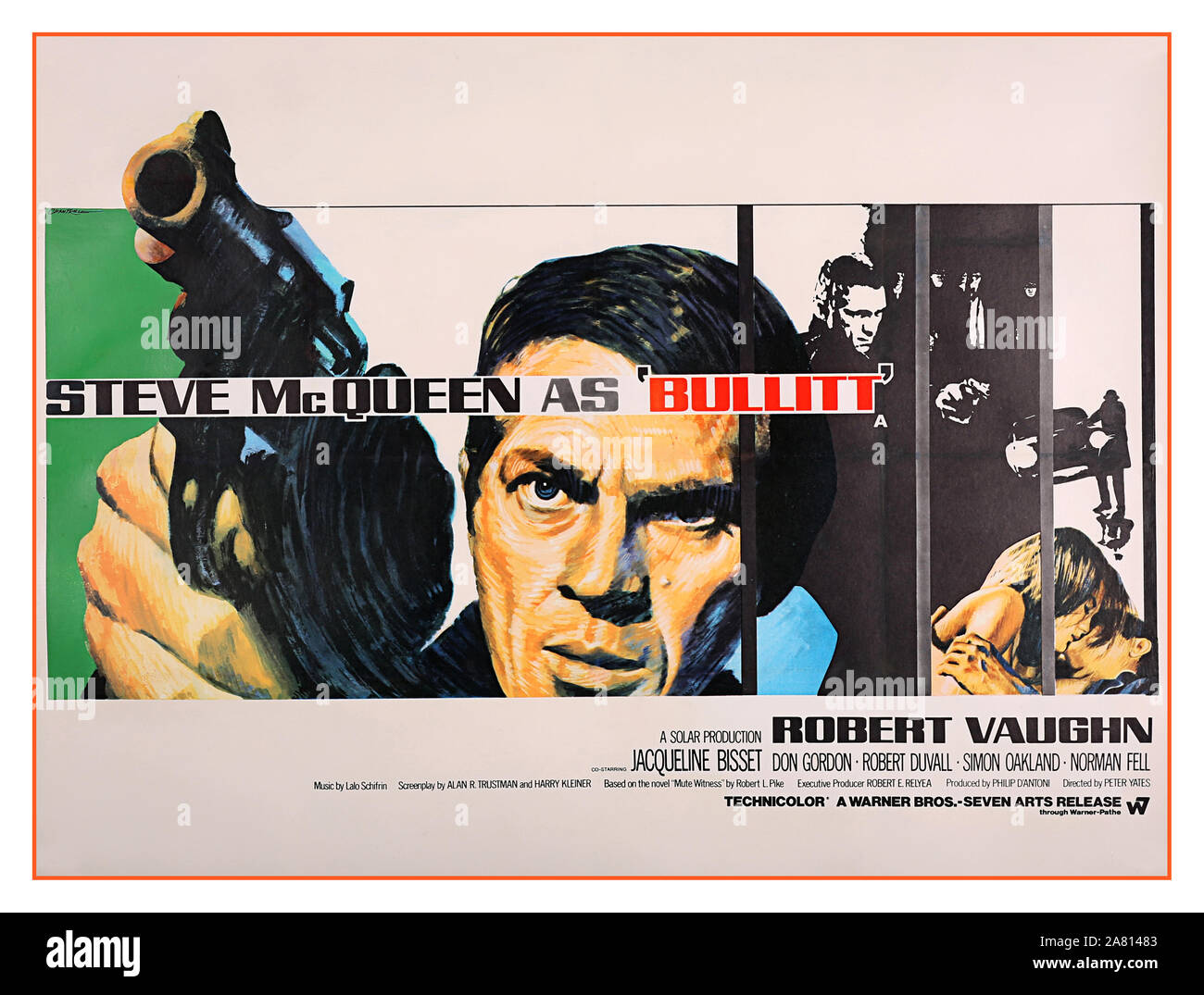 Vintage UK film movie poster for the Steve McQueen movie 'Bullitt' (1968).Bullitt is a 1968 American action thriller film directed by Peter Yates and produced by Philip D'Antoni. The picture stars Steve McQueen, Robert Vaughn, and Jacqueline Bisset. The screenplay by Alan R. Trustman and Harry Kleiner was based on the 1963 novel, Mute Witness, by Robert L. Fish, writing under the pseudonym Robert L. Pike. Lalo Schifrin wrote the original jazz-inspired score, arranged for brass and percussion. Stock Photo