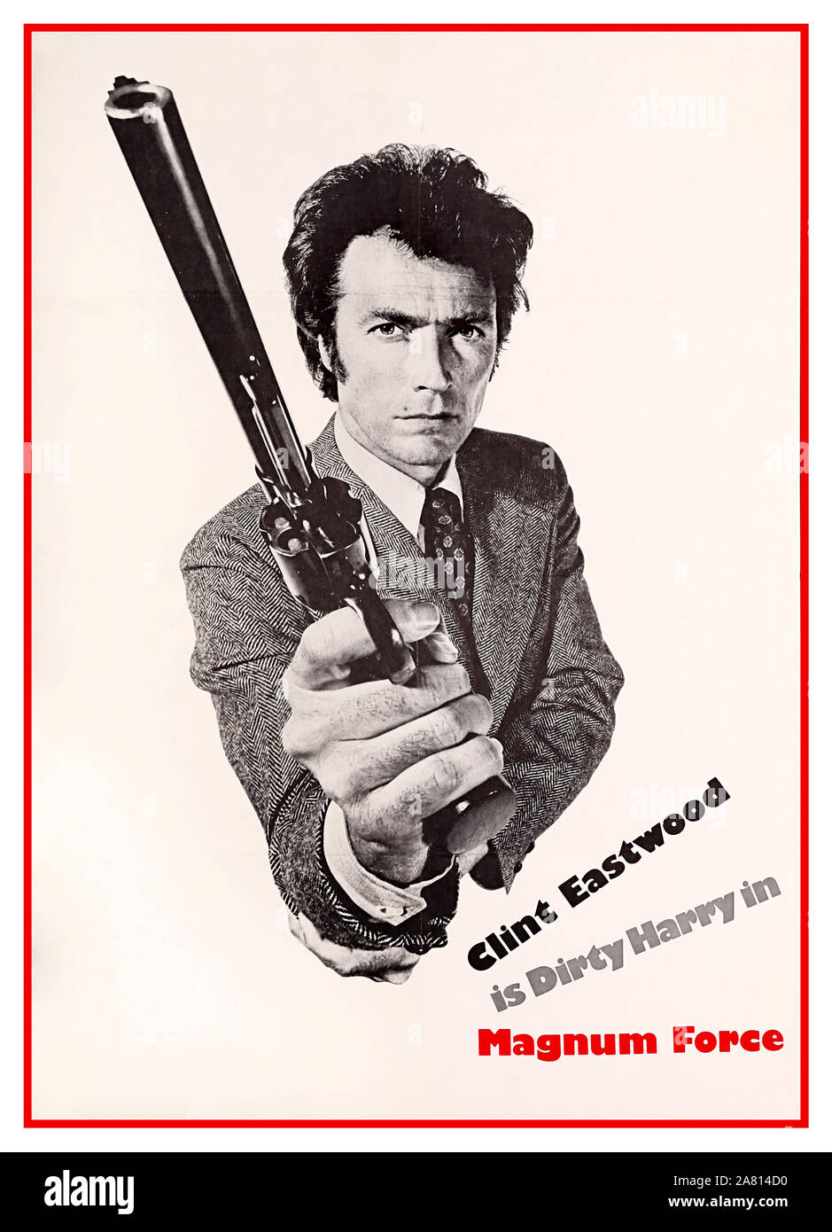 'Magnum Force Dirty Harry American Movie Film Promotional poster for 'Magnum Force' (1973) starring Clint Eastwood as Dirty Harry. This unusual format poster was produced as part of Warner Brothers 50th anniversary and was designed as a 'giveaway' to the public printed in small quantities. Magnum Force is a 1973 American action thriller and the second to feature Clint Eastwood as maverick cop Harry Callahan Starring StarringClint Eastwood Hal Holbrook Mitchell Ryan David Soul Felton Perry Robert Urich Directed by Ted Post Stock Photo