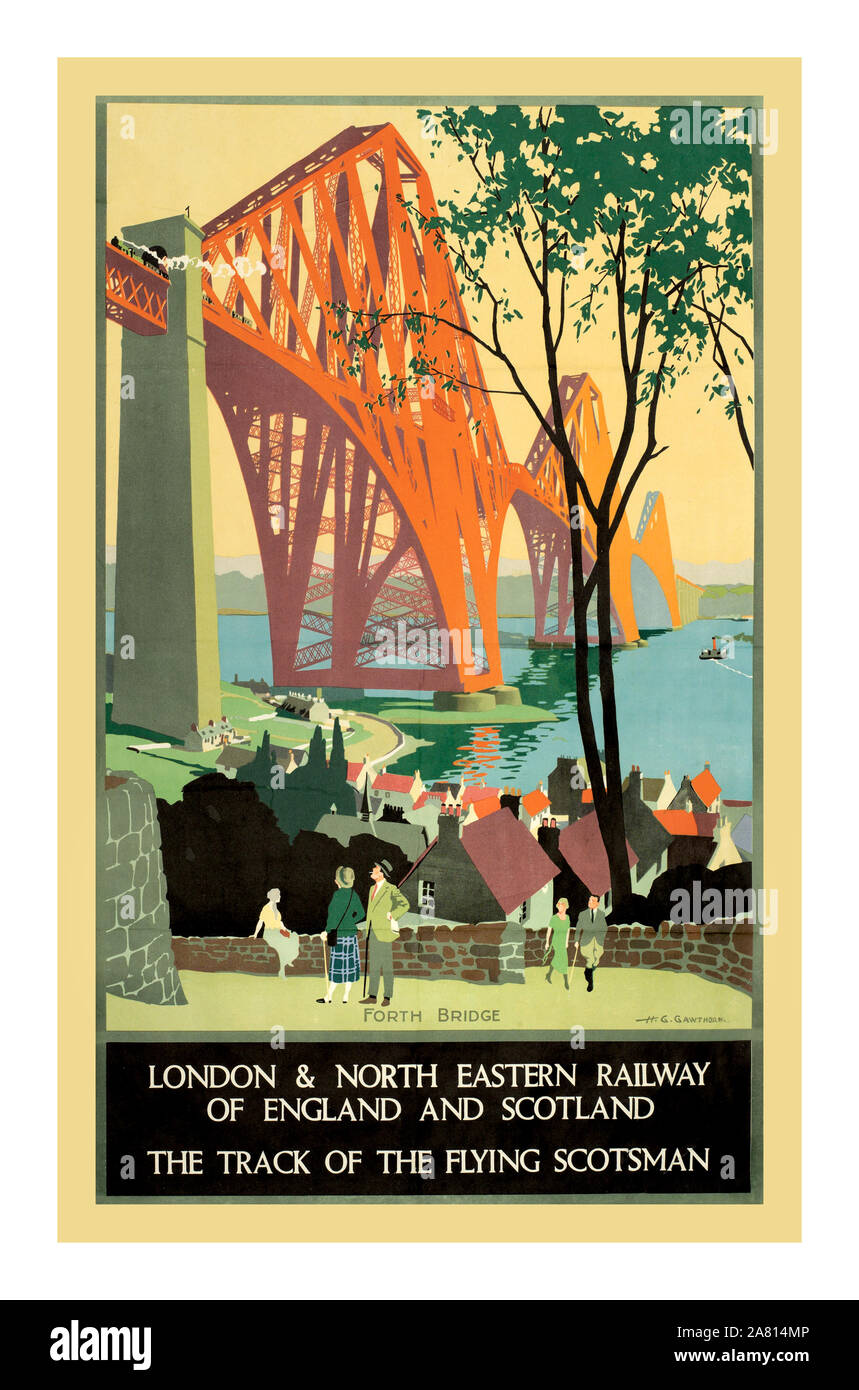 Vintage 1920's LNER Forth Bridge Scotland Railway Travel Poster featuring 1928 LNER London & North Eastern Railway of England and Scotland 'The Track of The Flying Scotsman' Stock Photo