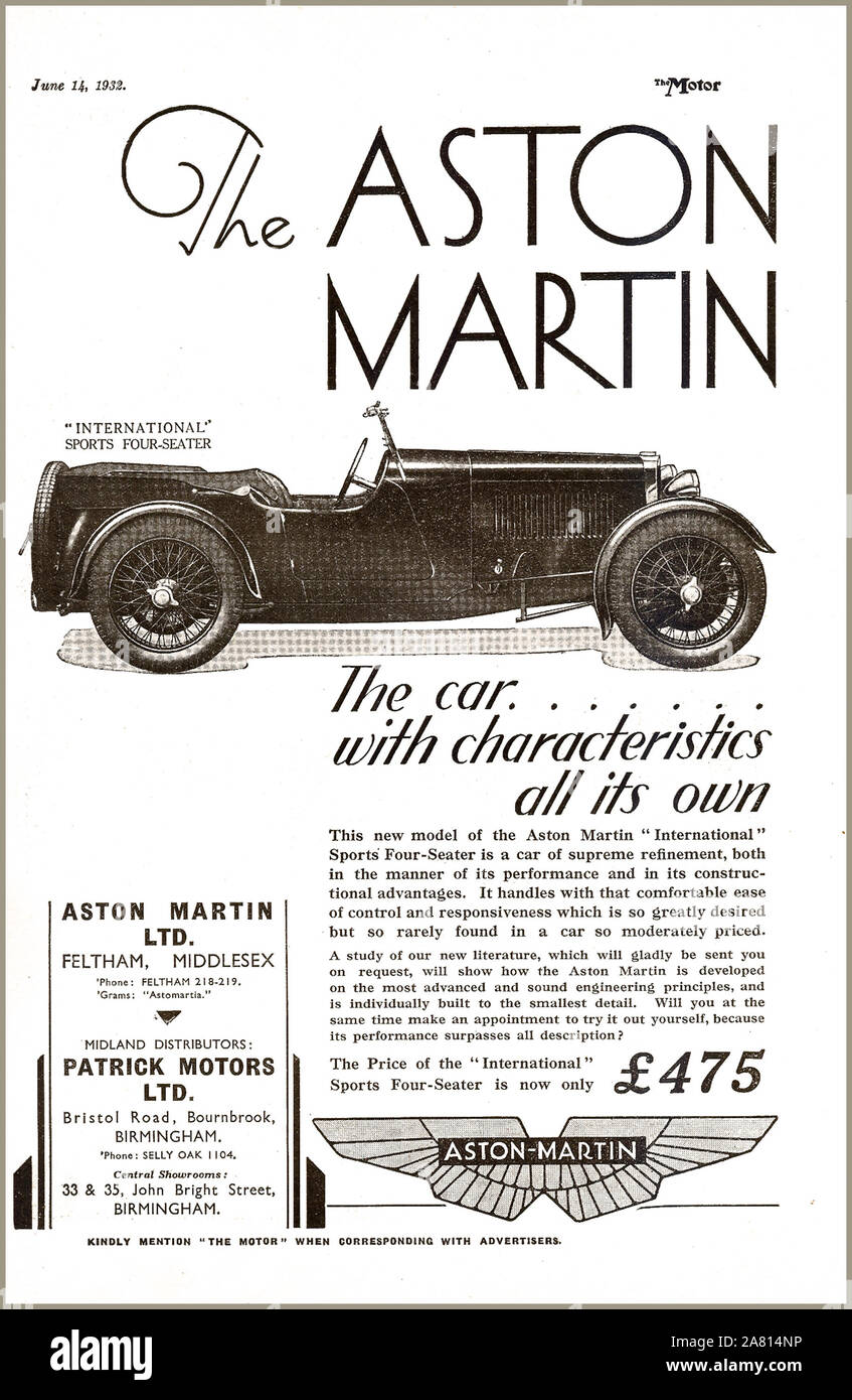 Vintage UK ASTON MARTIN 1930's British Motorcar Press Advertisement for The Aston Martin International Sports 4 seater 1932  ' The car with characteristics all its own' priced at £475 Stock Photo