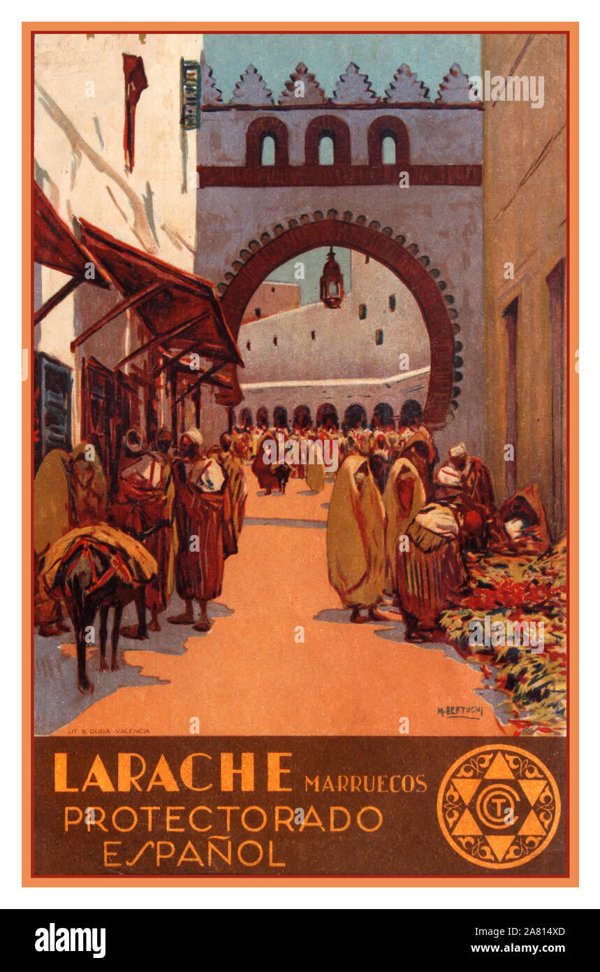 Vintage 1900's travel poster for Larache, a harbour town in the region of Tanger-Tetouan in northern Morocco. Marruecos Protectorado Espanol by the Spanish painter, Mariano Bertuchi (1884-1955). Vibrant image of a narrow alley busy with market stalls, a donkey laden with goods and people going about their daily business. Larache (also El Araich; Arabic is an important harbour town in the region of Tanger-Tetouan-Al Hoceima in northern Morocco. The town was probably founded by the Banu Arous tribe, who gave it the name Araich Beni Arous. Lithograph printed by S. Dura.-Valencia.  Spain, Stock Photo