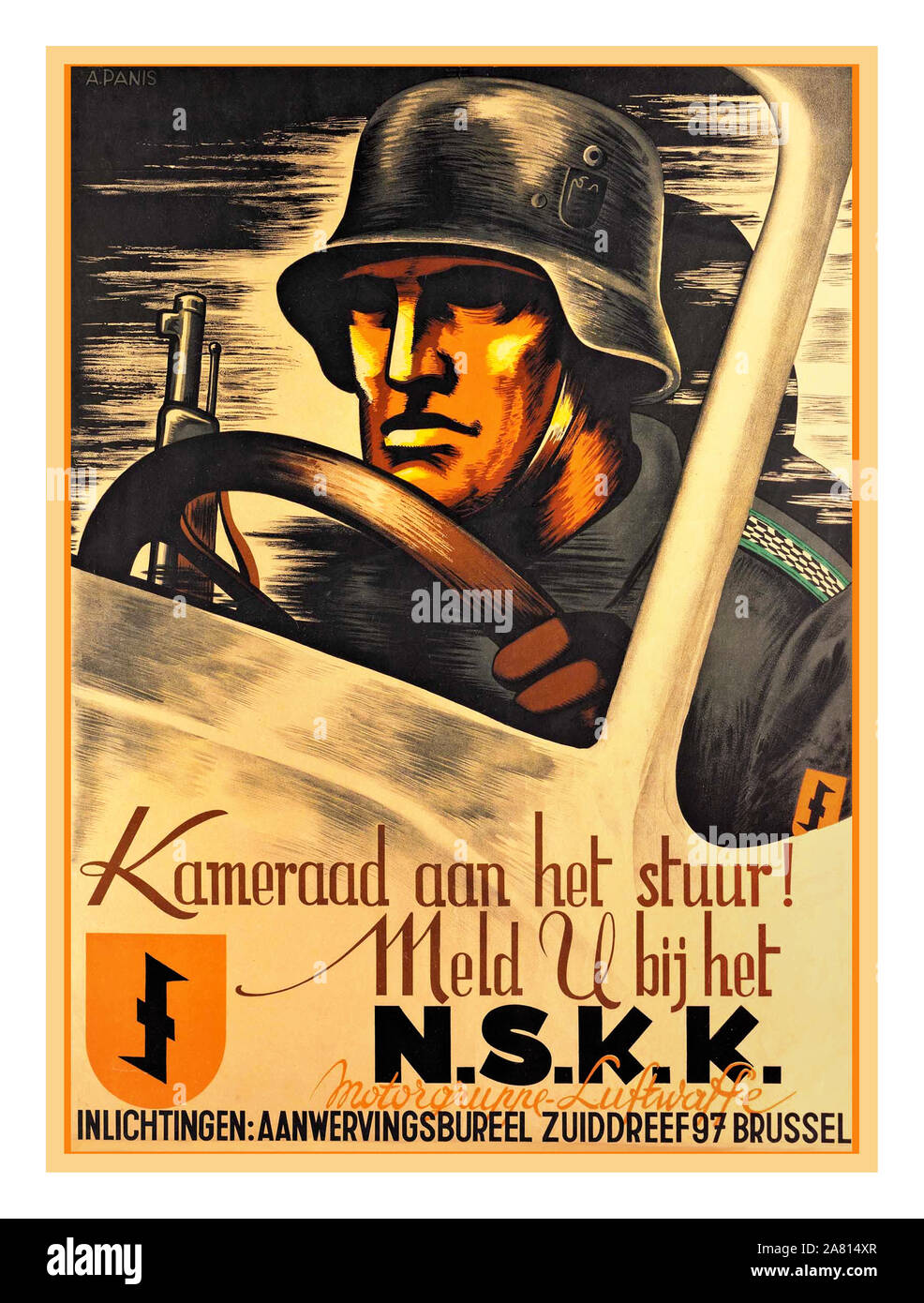 Vintage WW2 Nazi Party Flemish recruiting poster for the NSKK (Nationalsozialistisches Kraftfahrkorps;  National Socialist Motor Corps, a paramilitary organization of the Nazi Party (NSDAP) that officially existed from May 1931 to 1945.'kameraad aan het stuur meld U bij het' 'comrade at the wheel sign in at the NSKK' RECRUITMENT RECRUITING PROPAGANDA POSTER World War II Stock Photo
