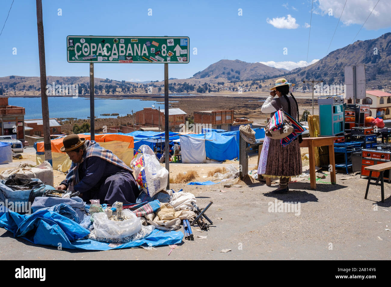 Local market on the road that leads from Desaguadero on the Peru border to Copacabana, Bolivia Stock Photo