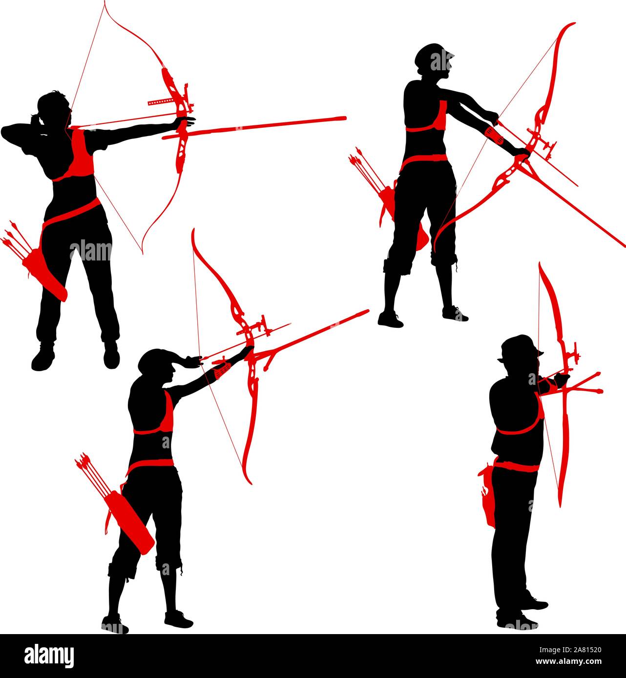 Set Silhouette Attractive Female And Male Archer Bending A Bow And